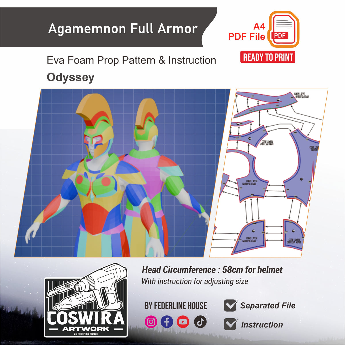 Agamemnon Fullset Armor & Helmet Prop Pattern Template – EVA Foam Pattern for Cosplay and DIY Builds Inspired by The Odyssey