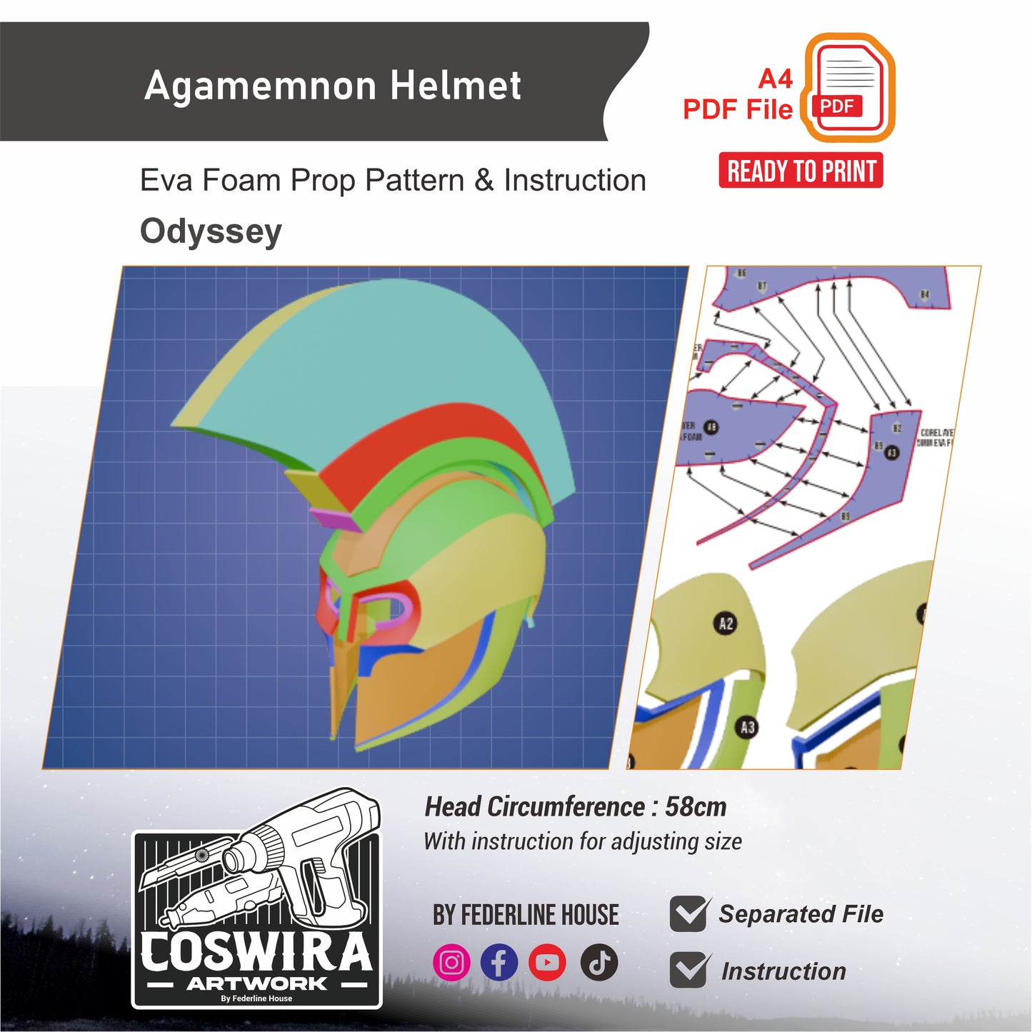 Agamemnon Helmet Prop Pattern Template – EVA Foam Pattern for Cosplay and DIY Builds Inspired by Greek Mythology