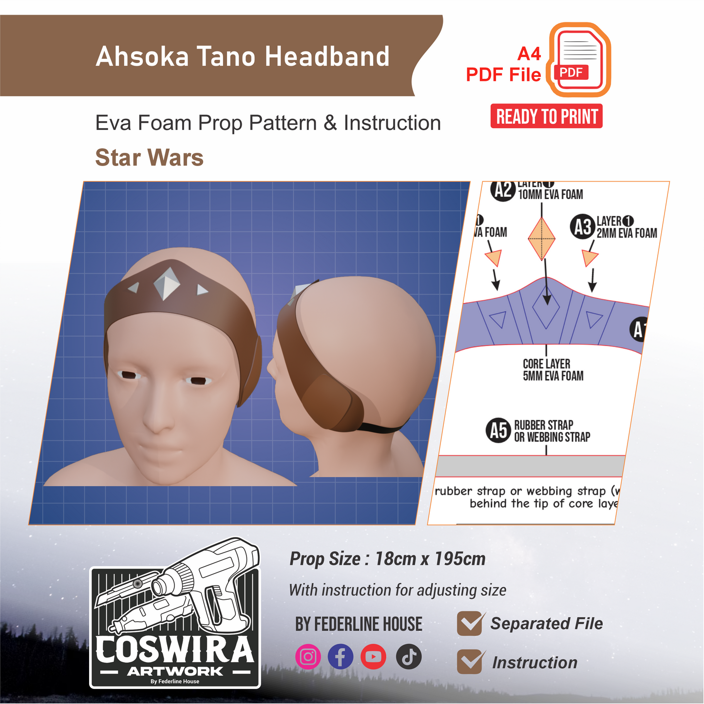 Ahsoka Tano Headband Prop Pattern Template – EVA Foam Pattern for Cosplay and DIY Builds Inspired by Star Wars