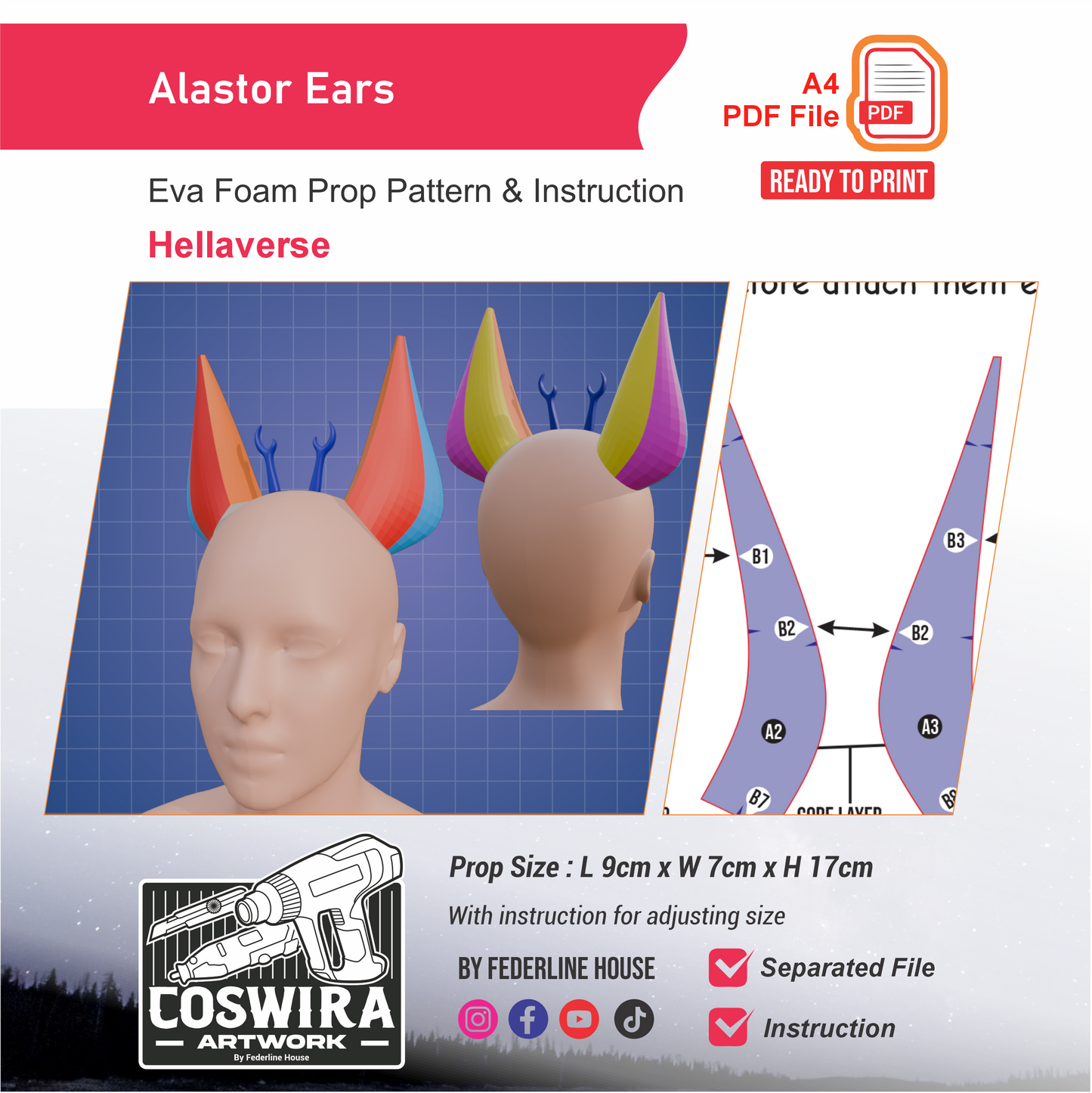 Alastor Ears Prop Pattern Template – EVA Foam Pattern for Cosplay and DIY Builds Inspired by Hellaverse