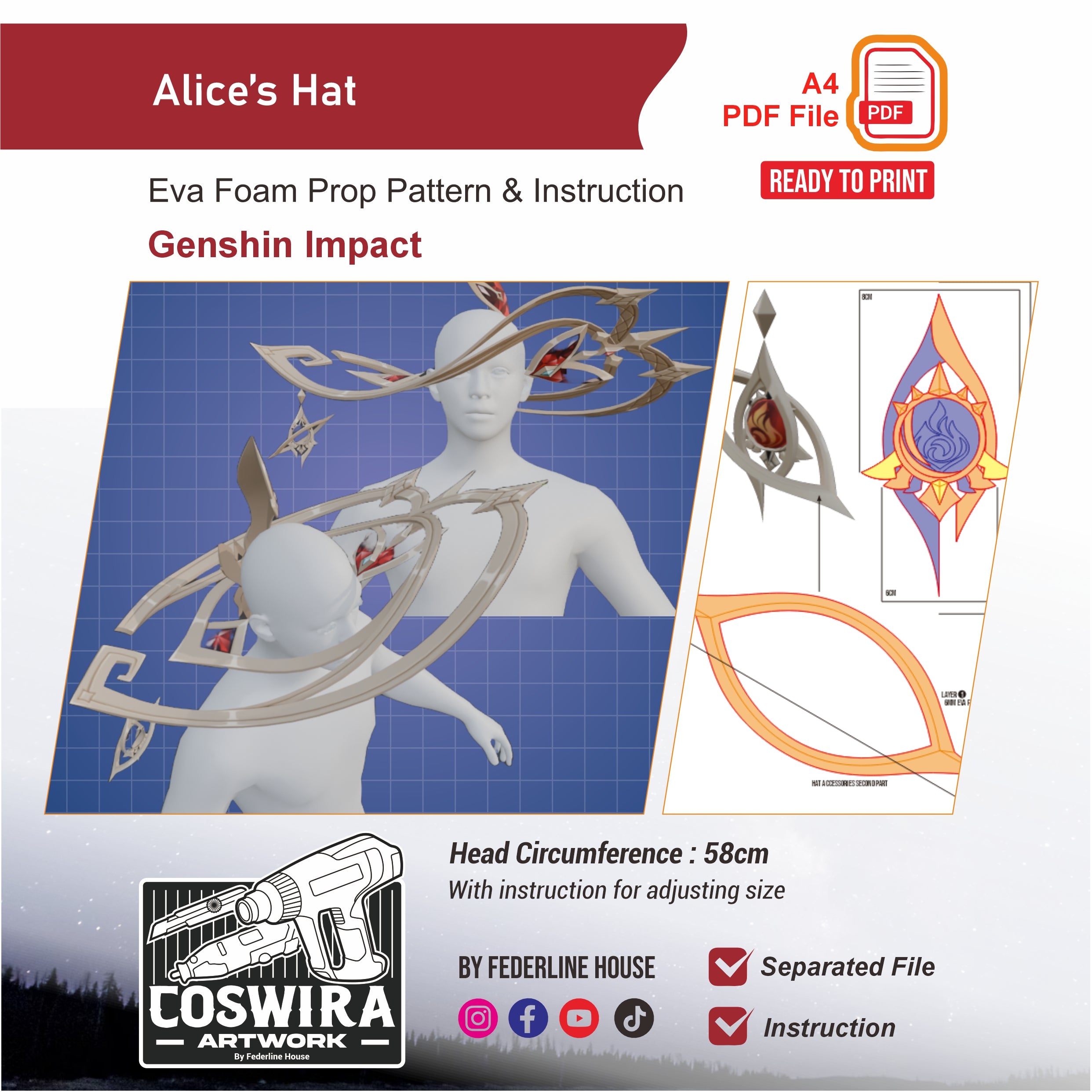 Alice Hat Prop Pattern Template – EVA Foam Cosplay PDF Inspired by Gen ...
