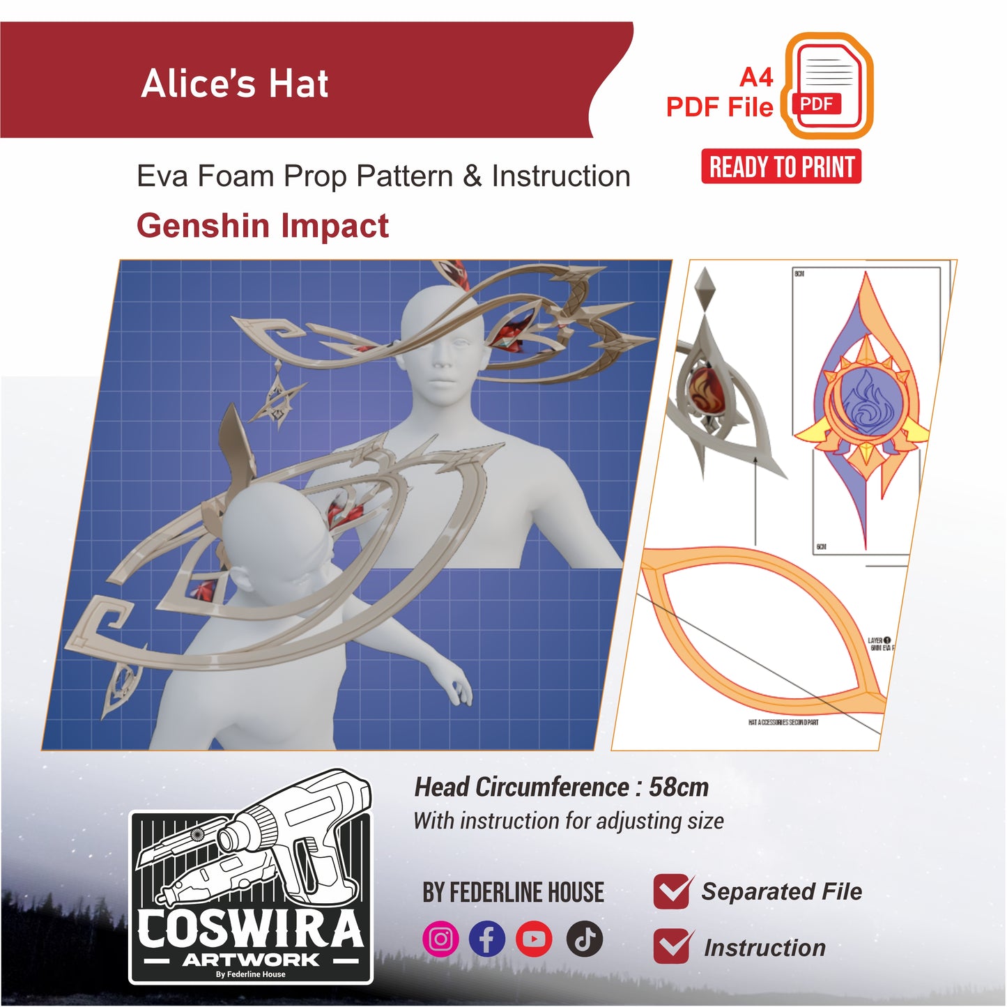 Alice Hat Prop Pattern Template – EVA Foam Cosplay PDF Inspired by Genshin Impact