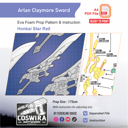 Arlan Claymore Sword Prop Pattern Template – EVA Foam Pattern for Cosplay and DIY Builds Inspired by Honkai Star Rail