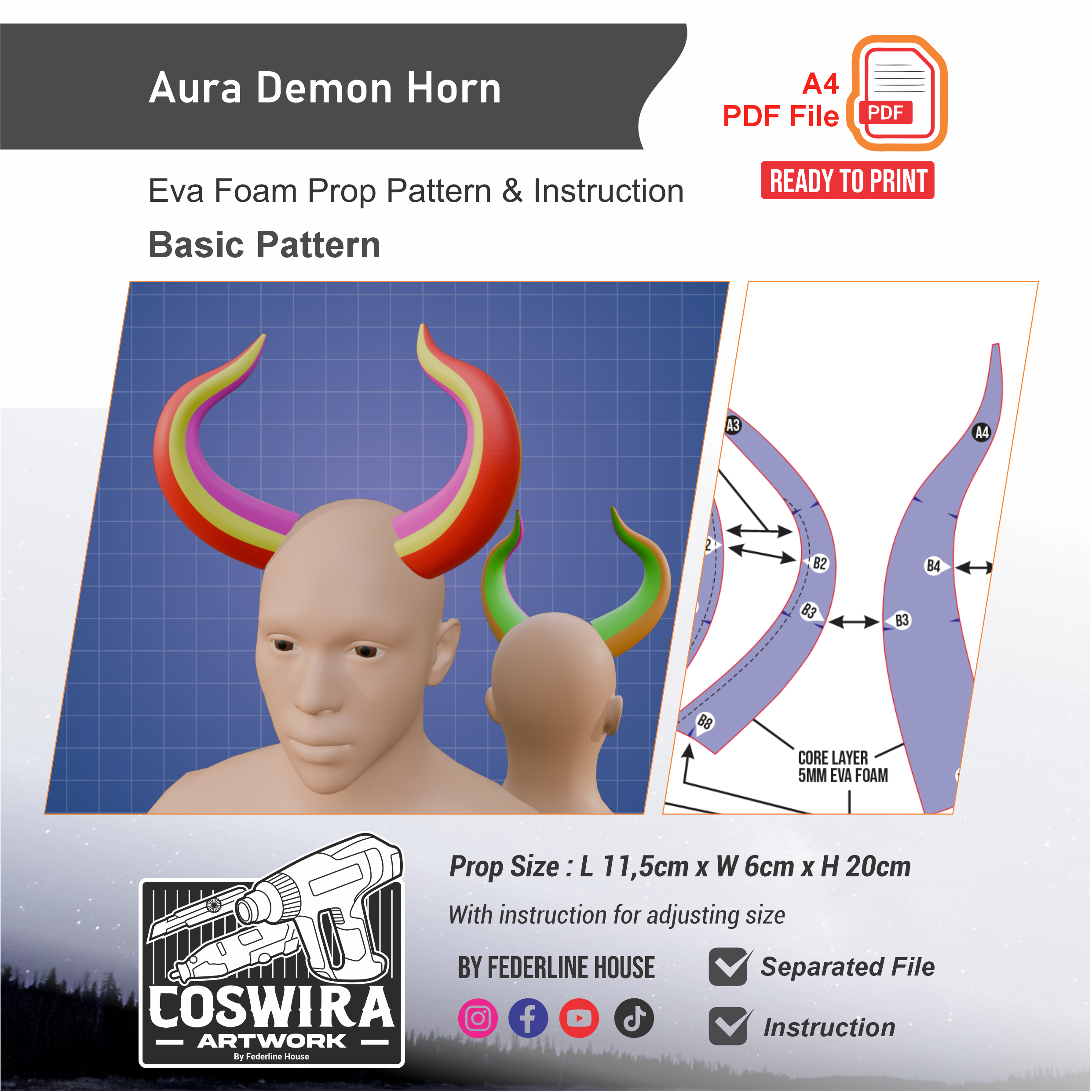 Aura Demon Horn Prop Pattern Template – EVA Foam Pattern for Cosplay a ...