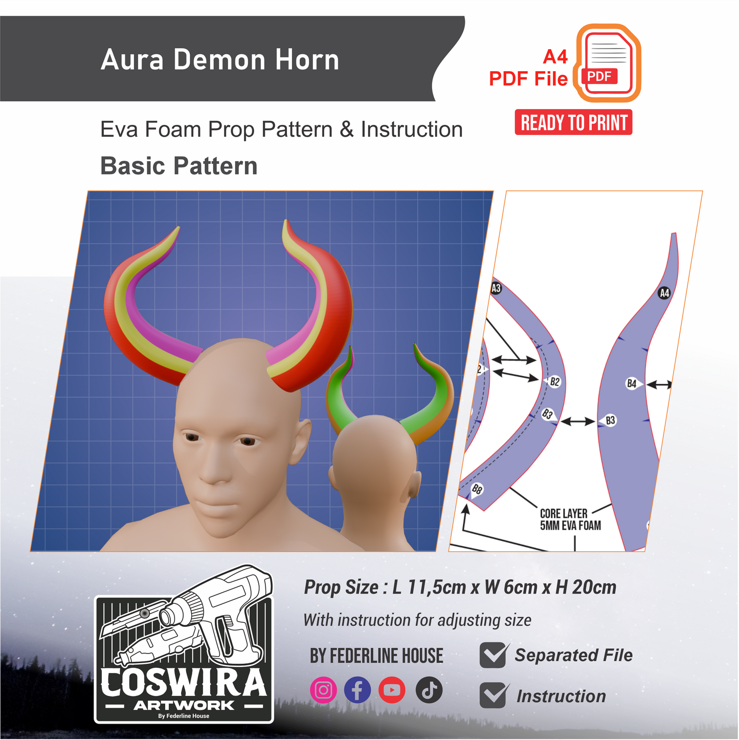 Aura Demon Horn Prop Pattern Template – EVA Foam Pattern for Cosplay and DIY Builds Inspired by Fantasy Demon Style