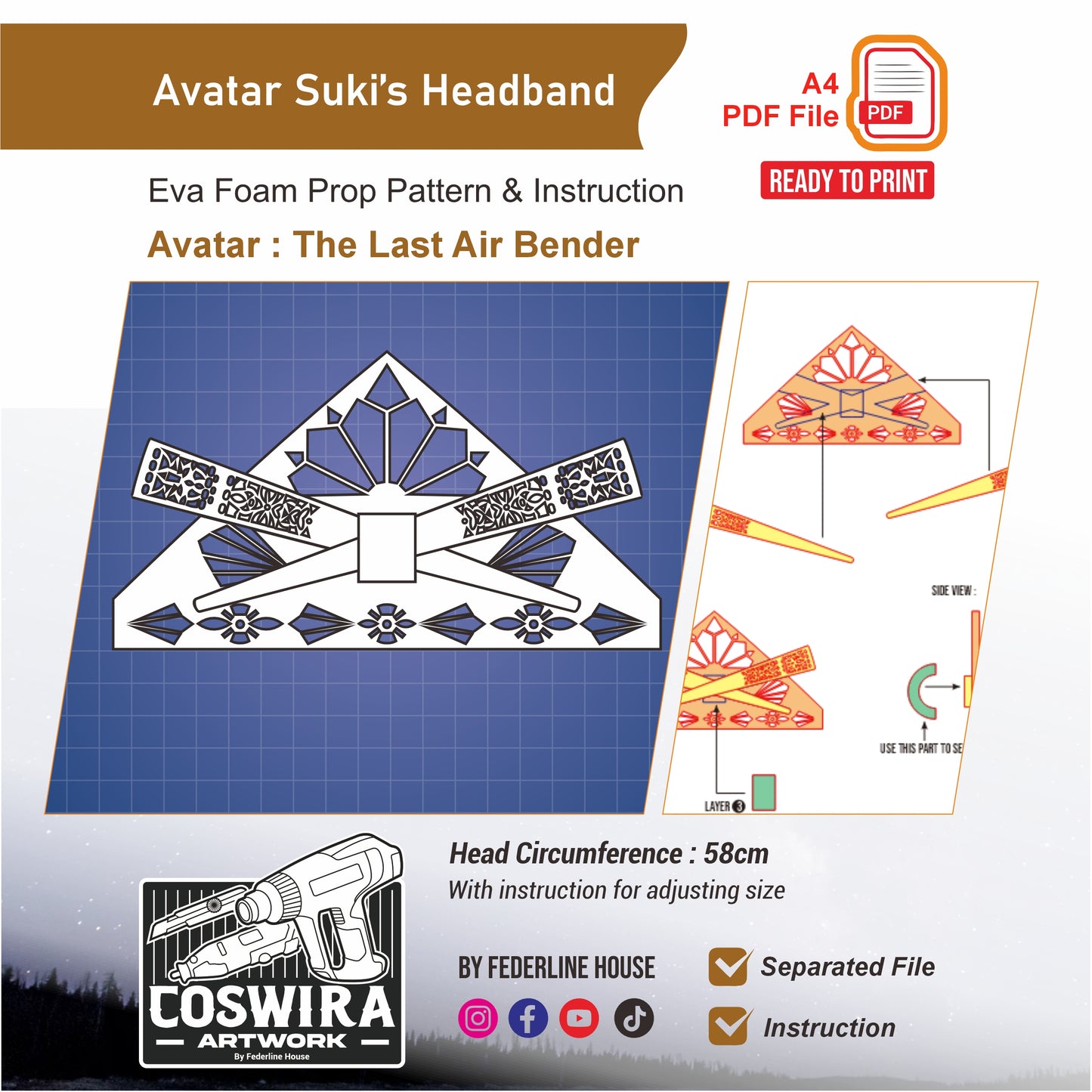 Avatar Suki's Headband Prop Pattern Template – EVA Foam Pattern for Cosplay & DIY Builds Inspired by Avatar: The Last Airbender