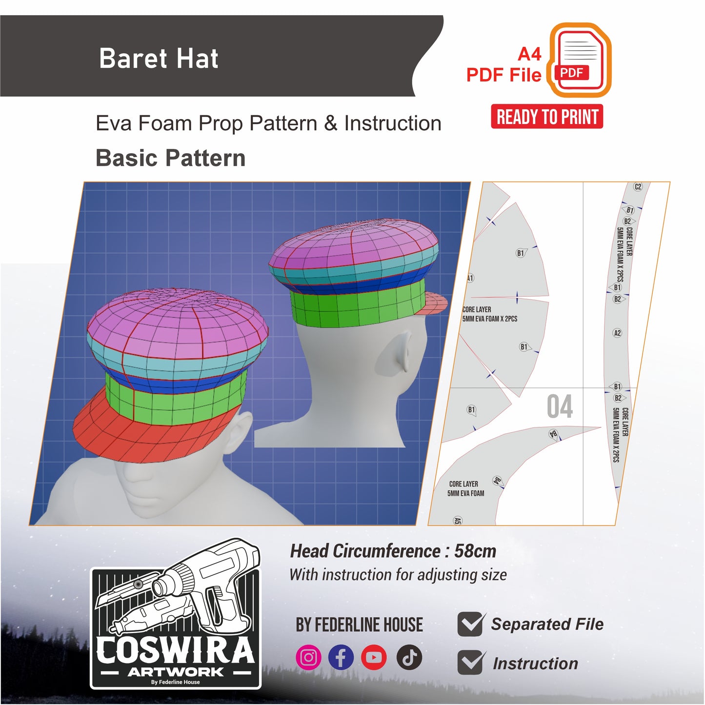 Baret Hat Basic Pattern Template – EVA Foam Cosplay PDF for DIY Builds