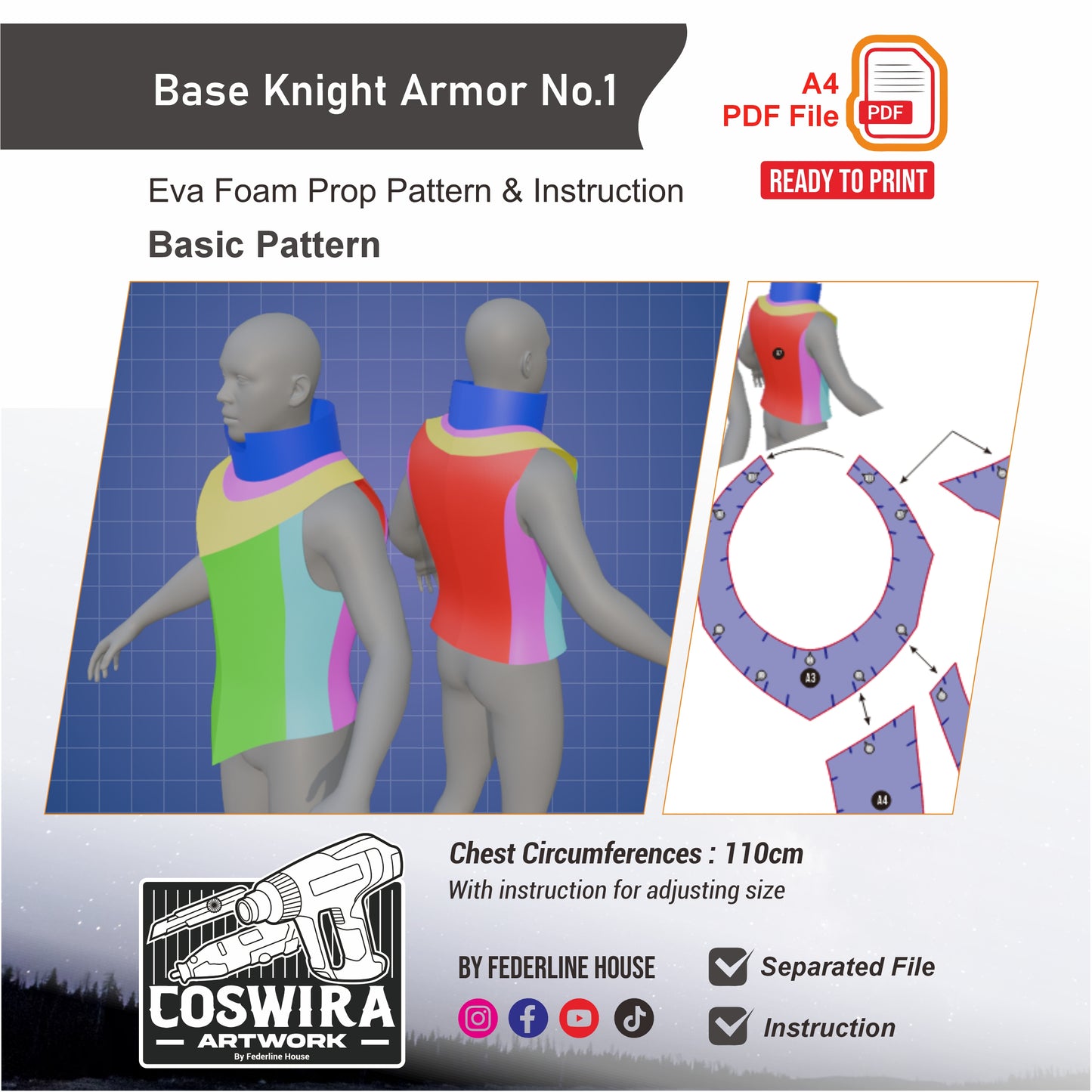 Base Knight Armor No.1 Basic Pattern Template – EVA Foam Cosplay PDF for DIY Builds