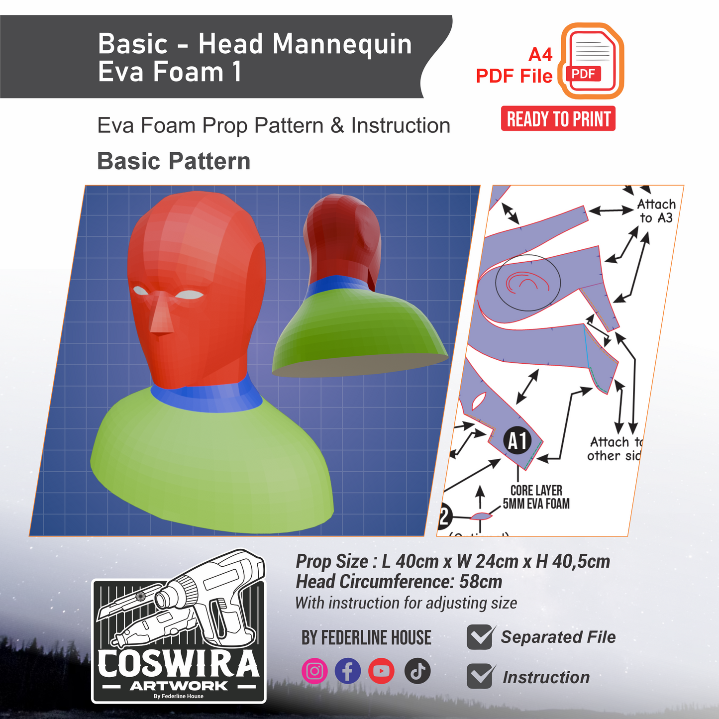 Basic Head Mannequin EVA Foam 1 Prop Pattern Template – EVA Foam Pattern for Cosplay and DIY Builds Inspired by Fantasy / Basic Costume Design
