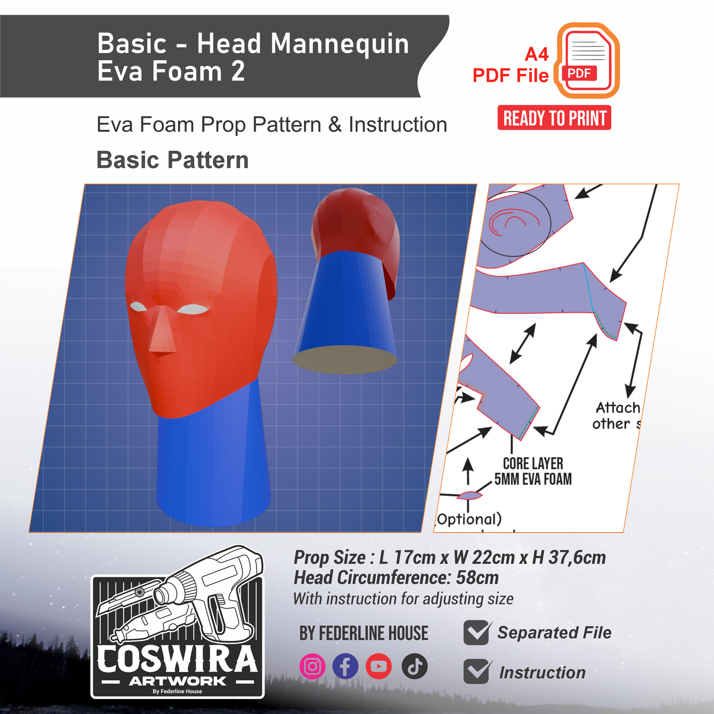 Basic Head Mannequin EVA Foam 2 Prop Pattern Template – EVA Foam Pattern for Cosplay and DIY Builds Inspired by Fantasy / Basic Costume Design
