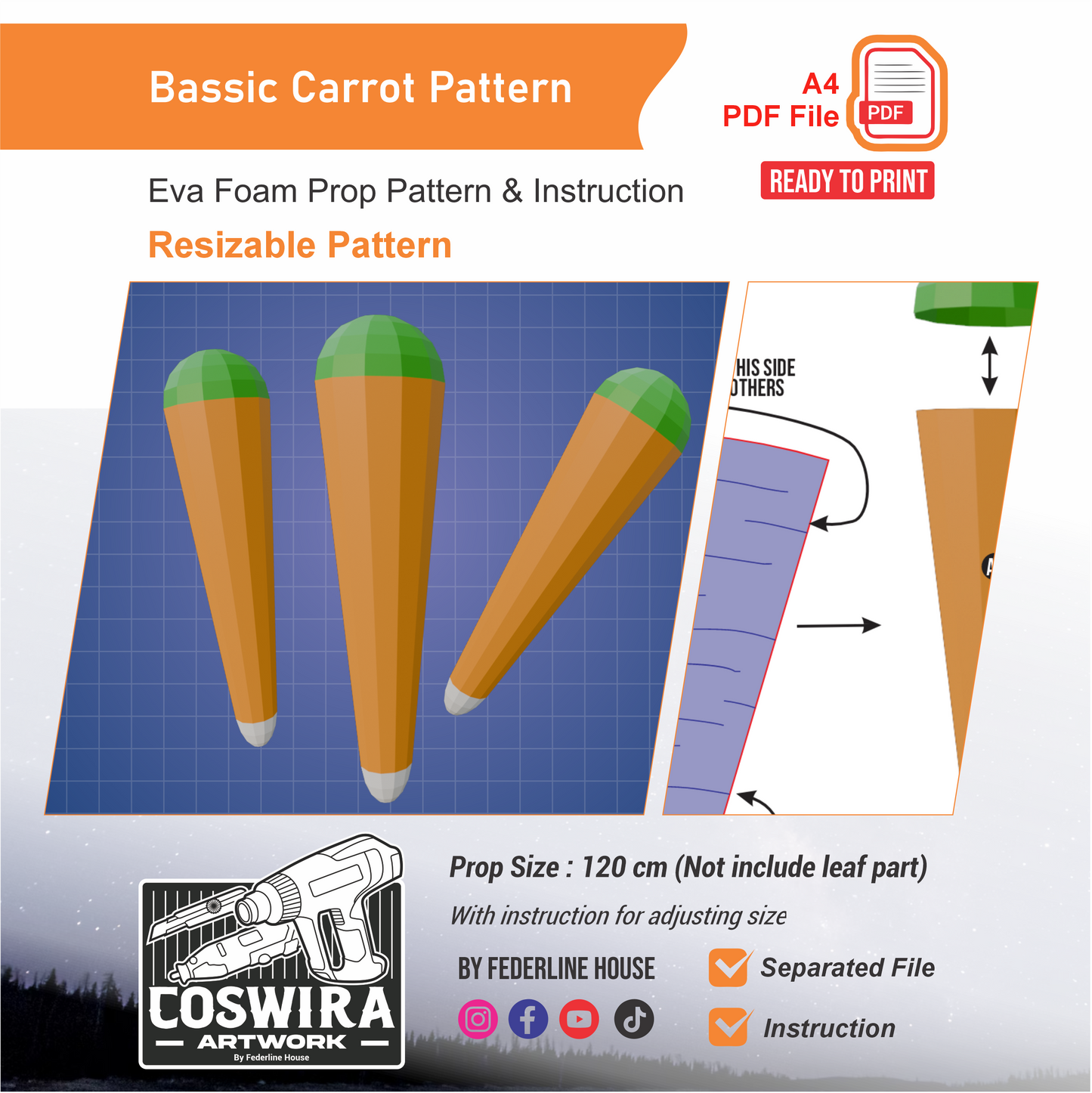 Basic Carrot Prop Pattern Template – EVA Foam Food Shape Printable PDF for Cosplay Crafting