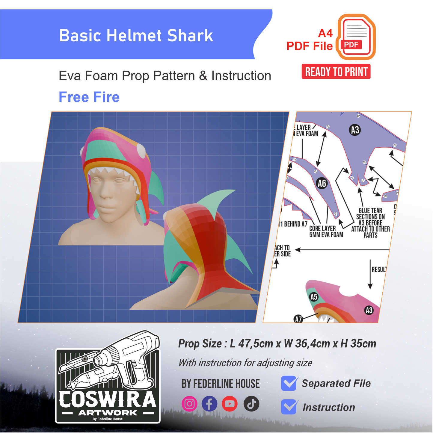 Basic Shark Hat Prop Pattern Template – EVA Foam Pattern for Cosplay and DIY Builds Inspired by Free Fire