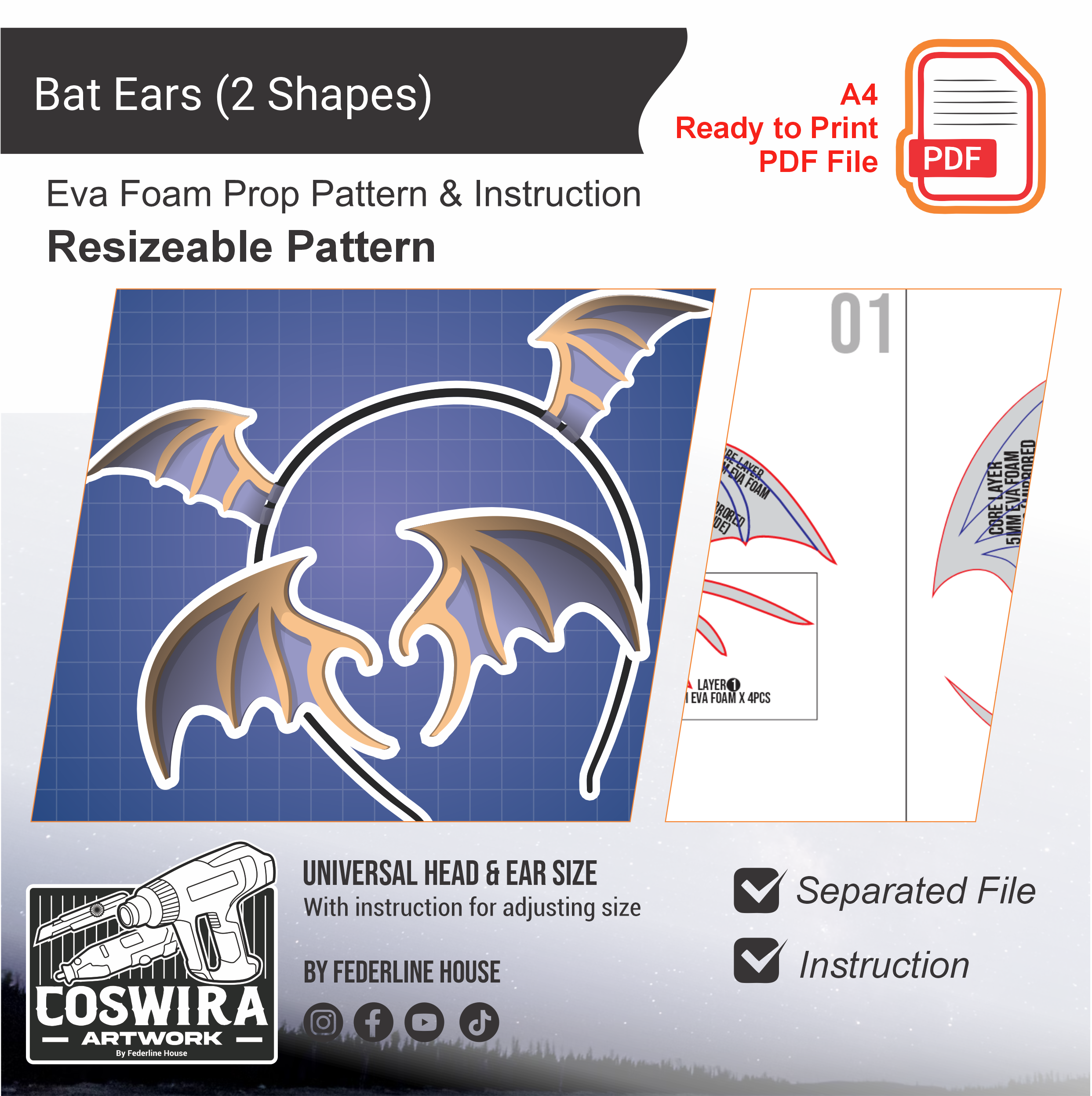 Bat Ear (2 Shape) Basic Pattern Template – EVA Foam Pattern for Cospla ...