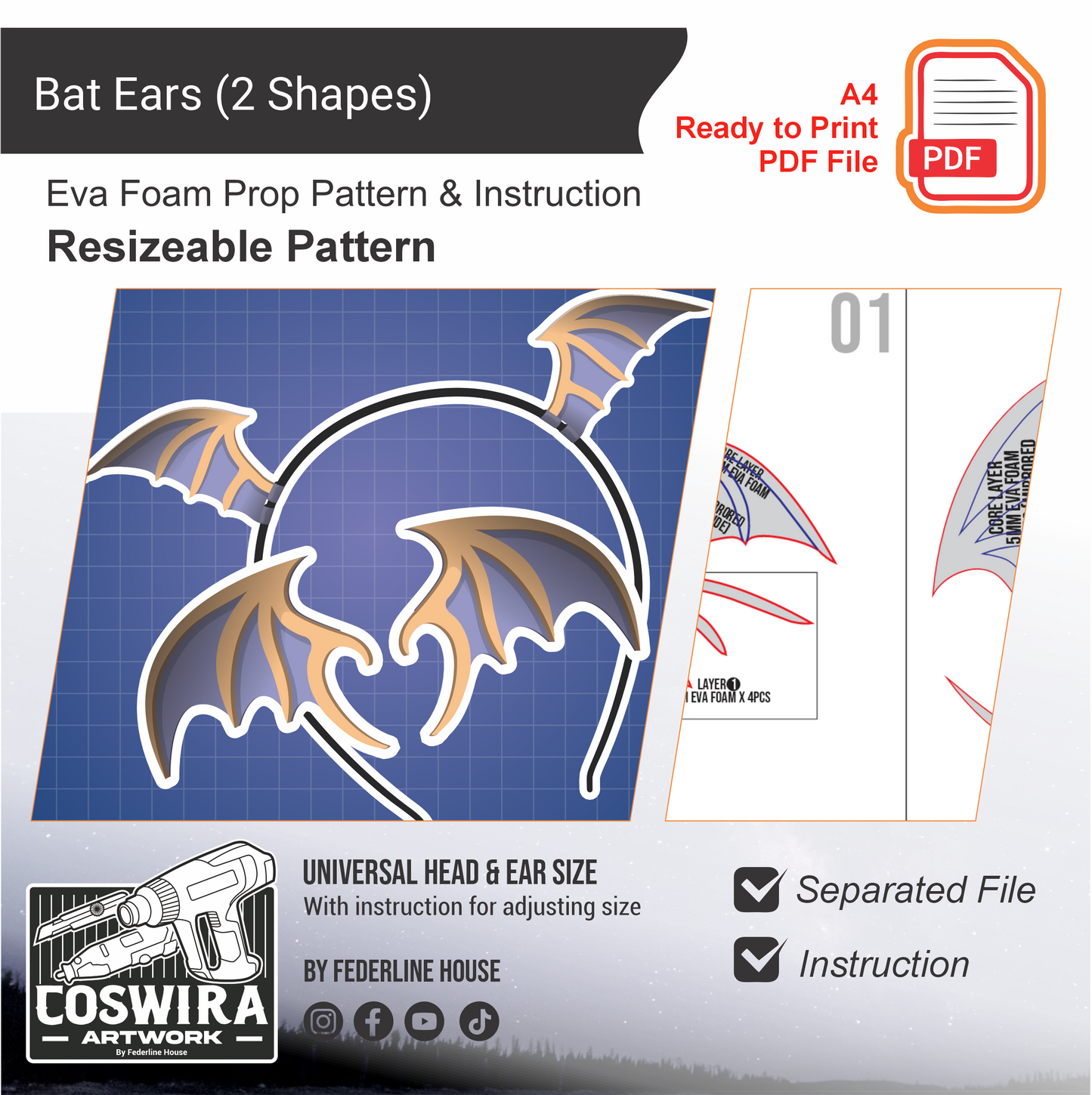Bat Ear (2 Shape) Basic Pattern Template – EVA Foam Pattern for Cosplay & DIY Builds