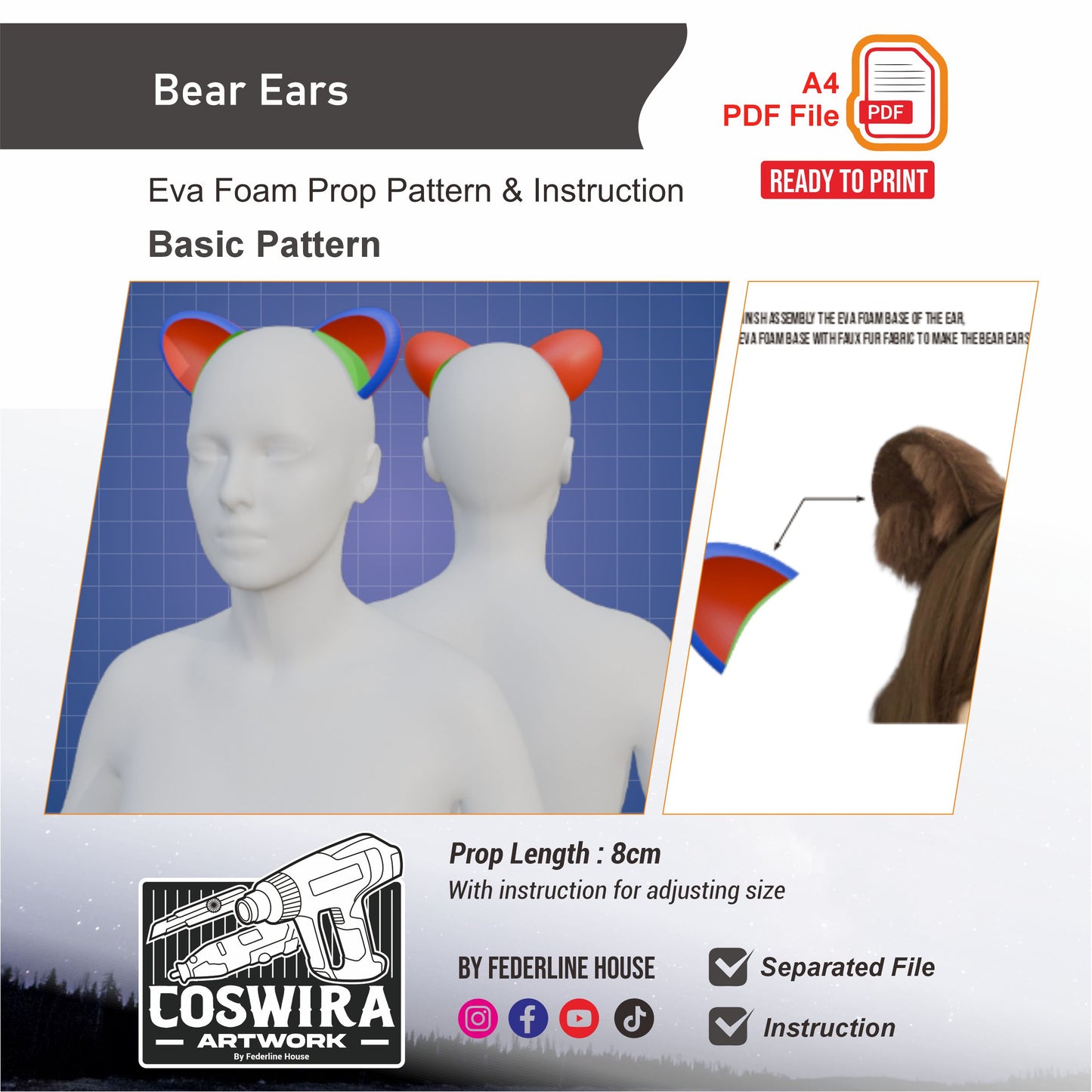 Bear Ears Prop Pattern Template – EVA Foam Pattern for Cosplay and DIY Builds Inspired by Animal Fantasy Style