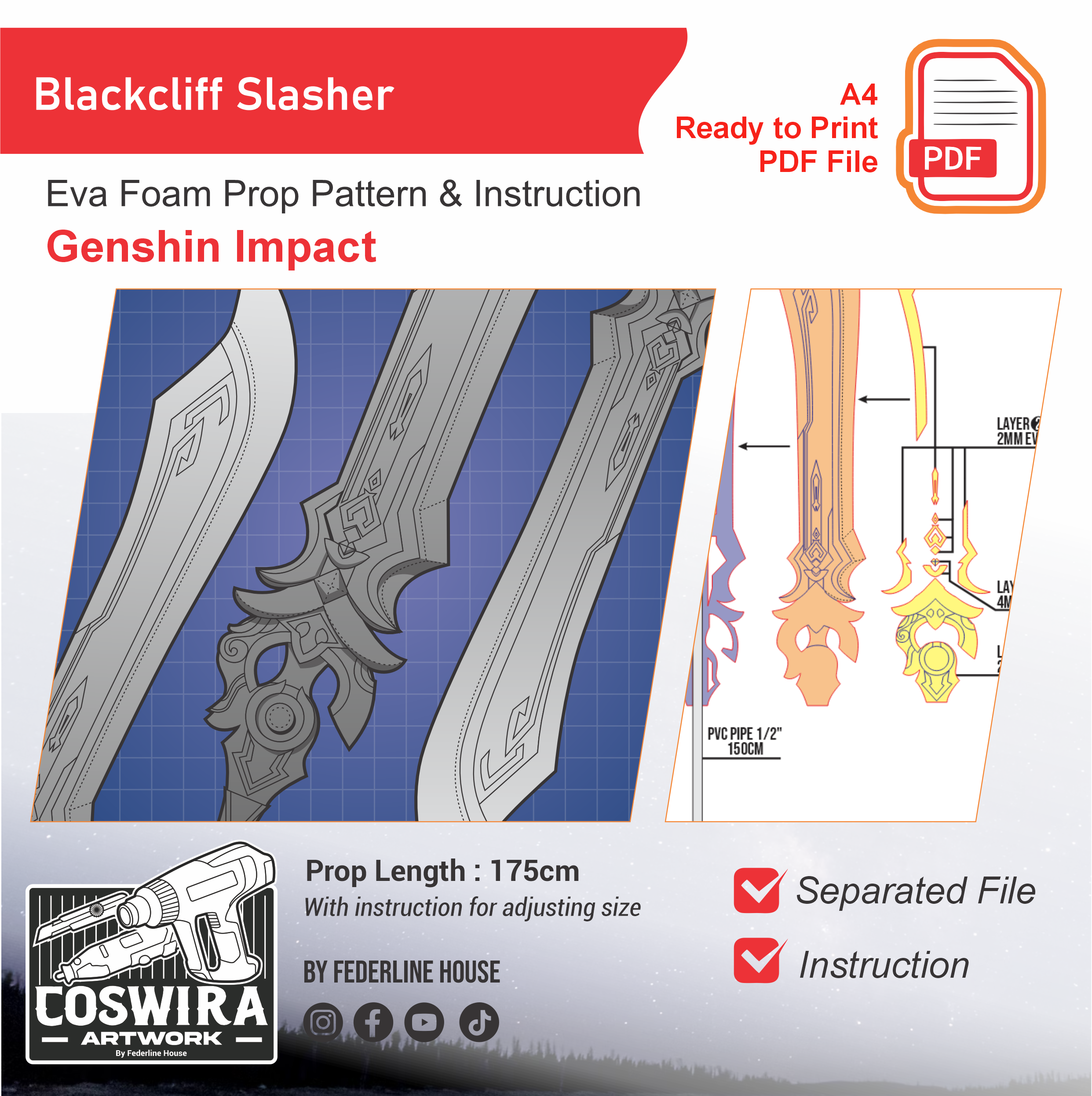 Slasher Drawing Outline Pattern Blackcliff Slasher Prop Pattern Template – EVA Foam Pattern for Cospla ...