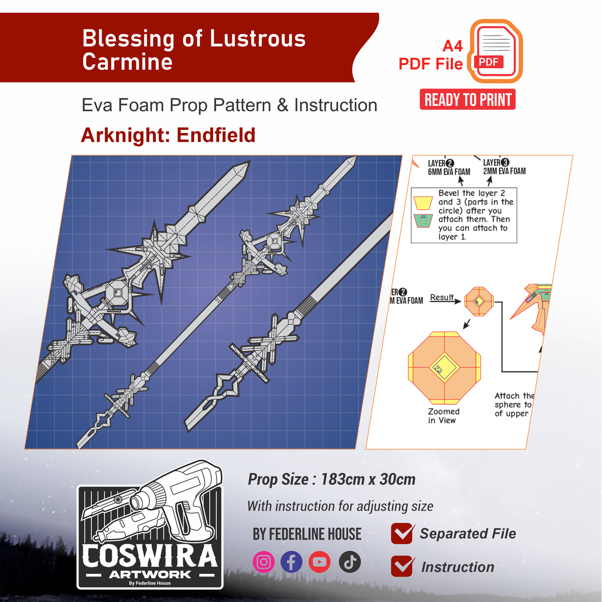 Blessing of Lustrous Carmine Prop Pattern Template – EVA Foam Pattern for Cosplay and DIY Builds Inspired by Arknights: Endfield