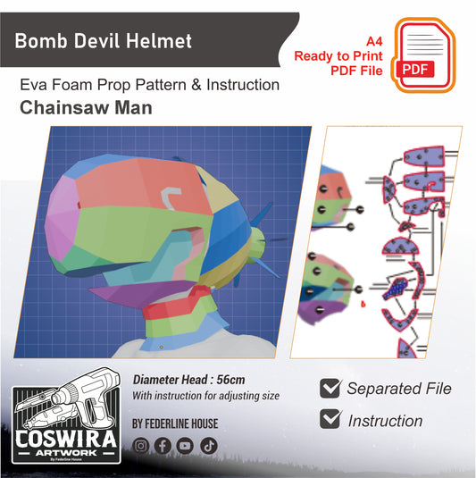Bomb Devil Helmet Prop Pattern Template – EVA Foam Pattern for Cosplay & DIY Builds Inspired by Chainsaw Man