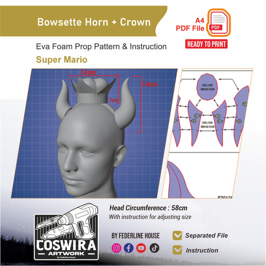 Bowsette Crown & Horn Prop Pattern Template – EVA Foam Cosplay PDF Inspired by Super Mario Bros