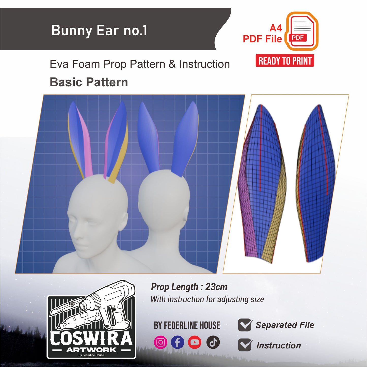 Bunny Ears No.1 Prop Pattern Template – EVA Foam Pattern for Cosplay and DIY Builds Inspired by Animal Fantasy Style