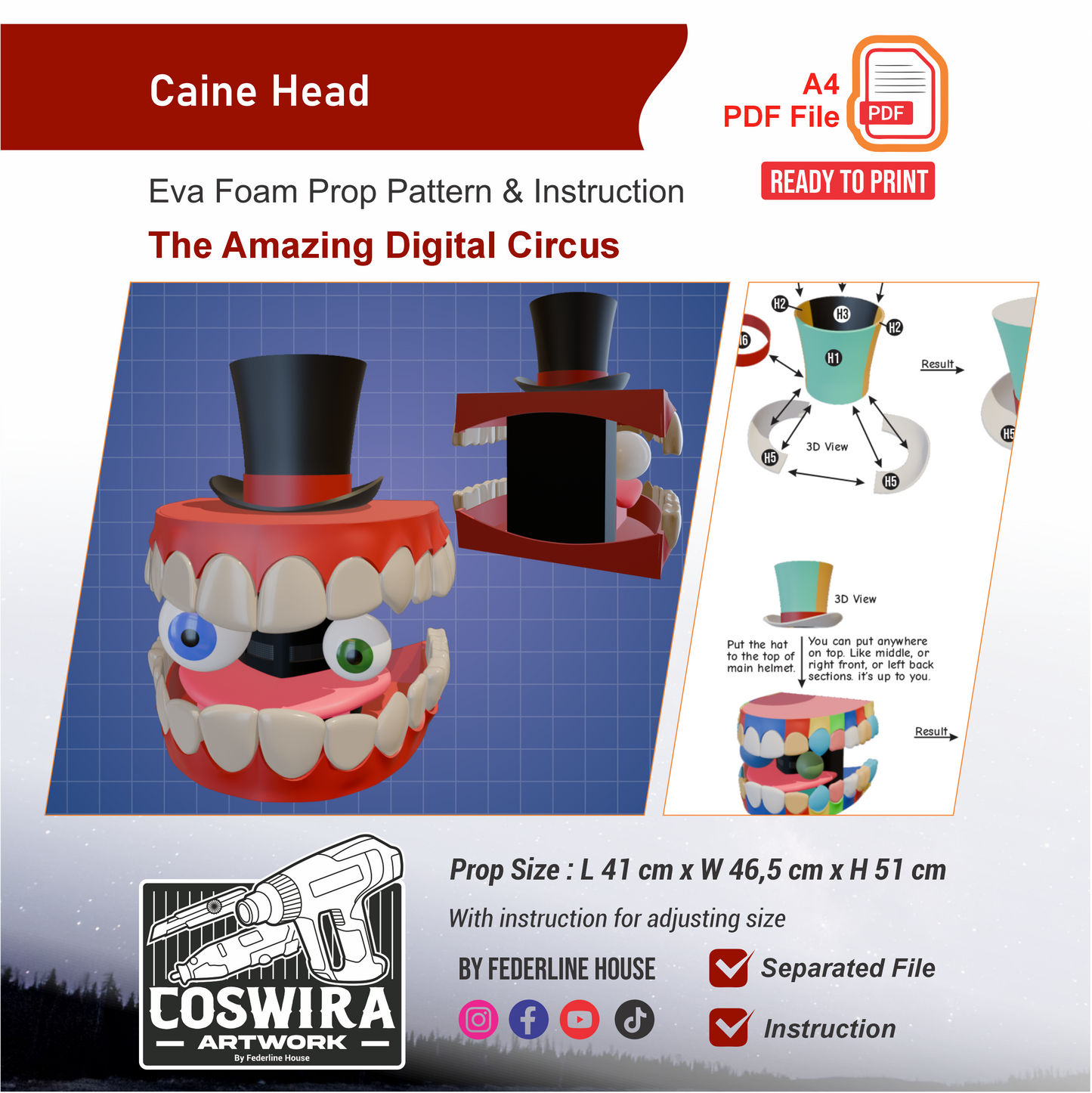 Caine Head Helmet Prop Pattern Template – EVA Foam Pattern for Cosplay and DIY Builds Inspired by The Amazing Digital Circus