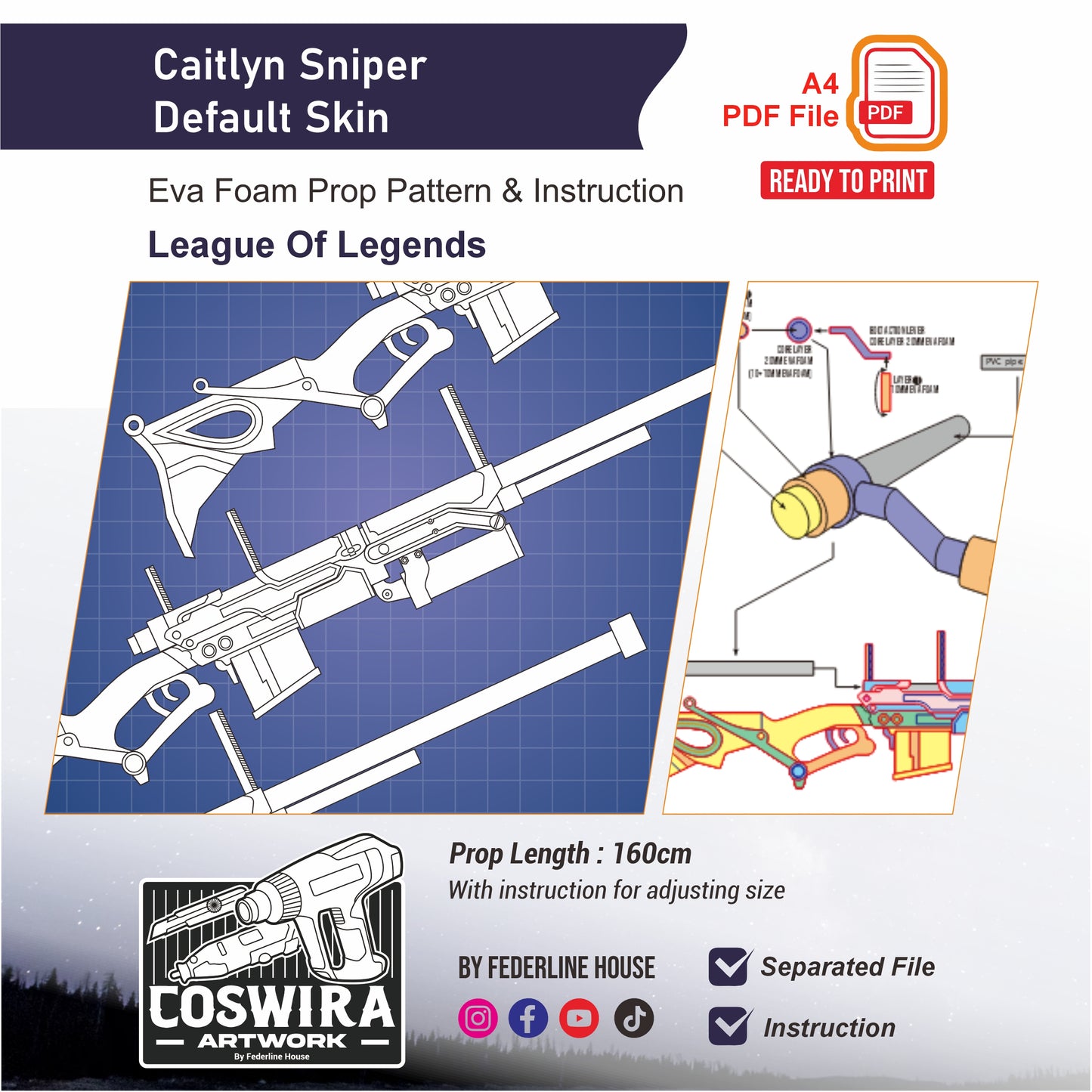 Caitlyn Sniper Default Skin Prop Pattern Template – EVA Foam Pattern for Cosplay and DIY Builds Inspired by League of Legends