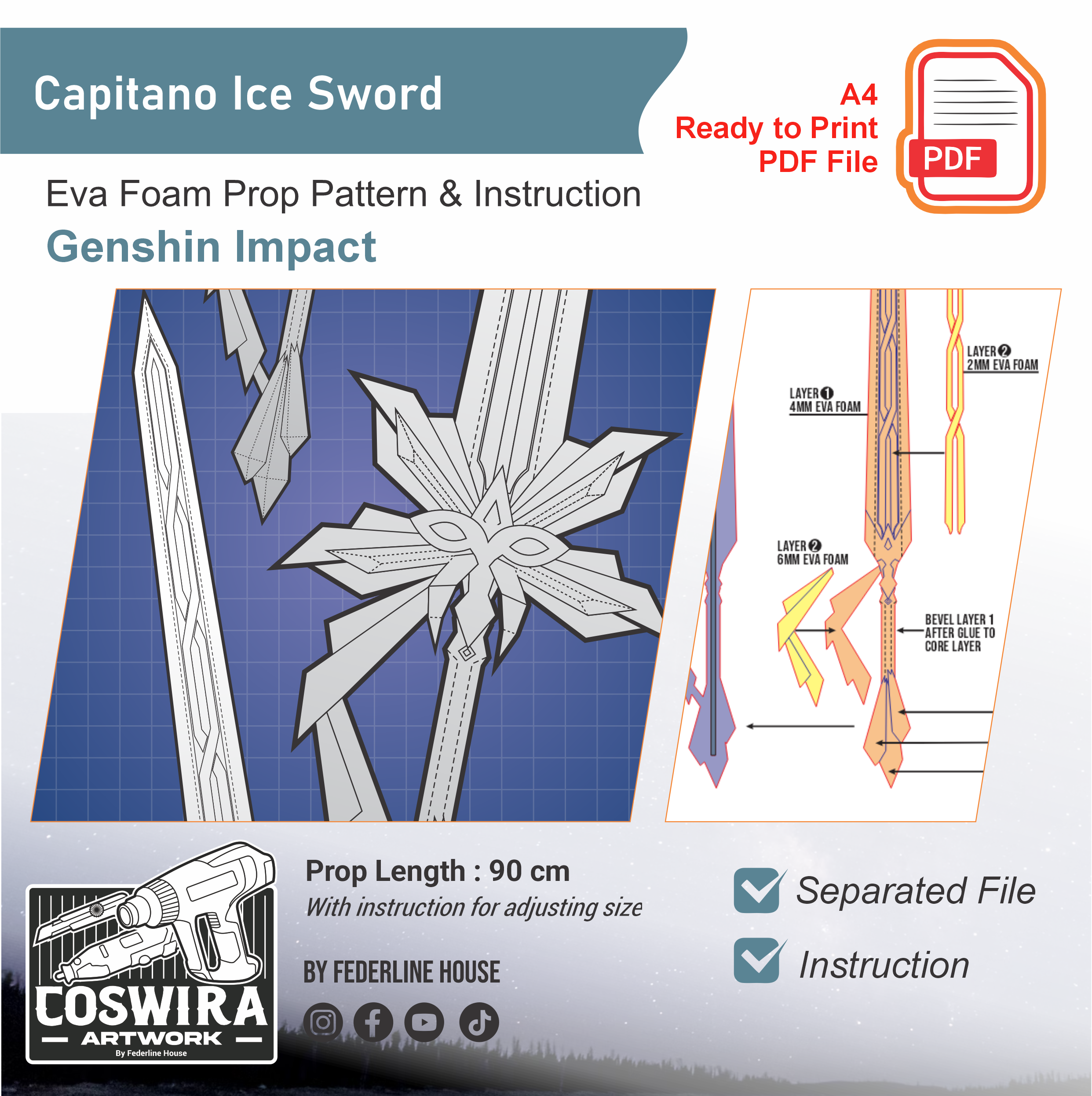 Capitano Ice Sword Prop Pattern Template – EVA Foam Pattern for Cospla ...