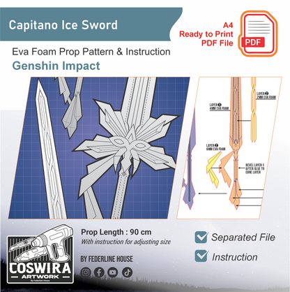 Capitano Ice Sword Prop Pattern Template – EVA Foam Pattern for Cosplay & DIY Builds Inspired by Genshin Impact
