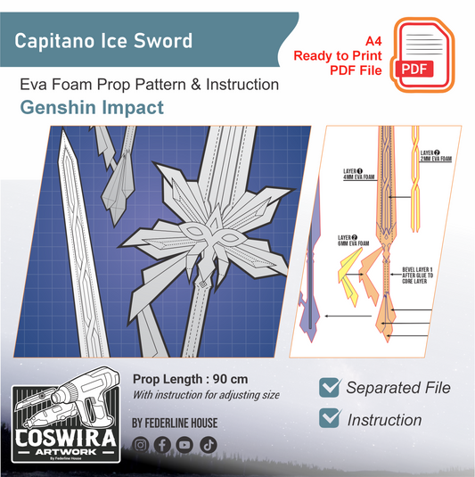 Capitano Ice Sword Prop Pattern Template – EVA Foam Pattern for Cosplay & DIY Builds Inspired by Genshin Impact