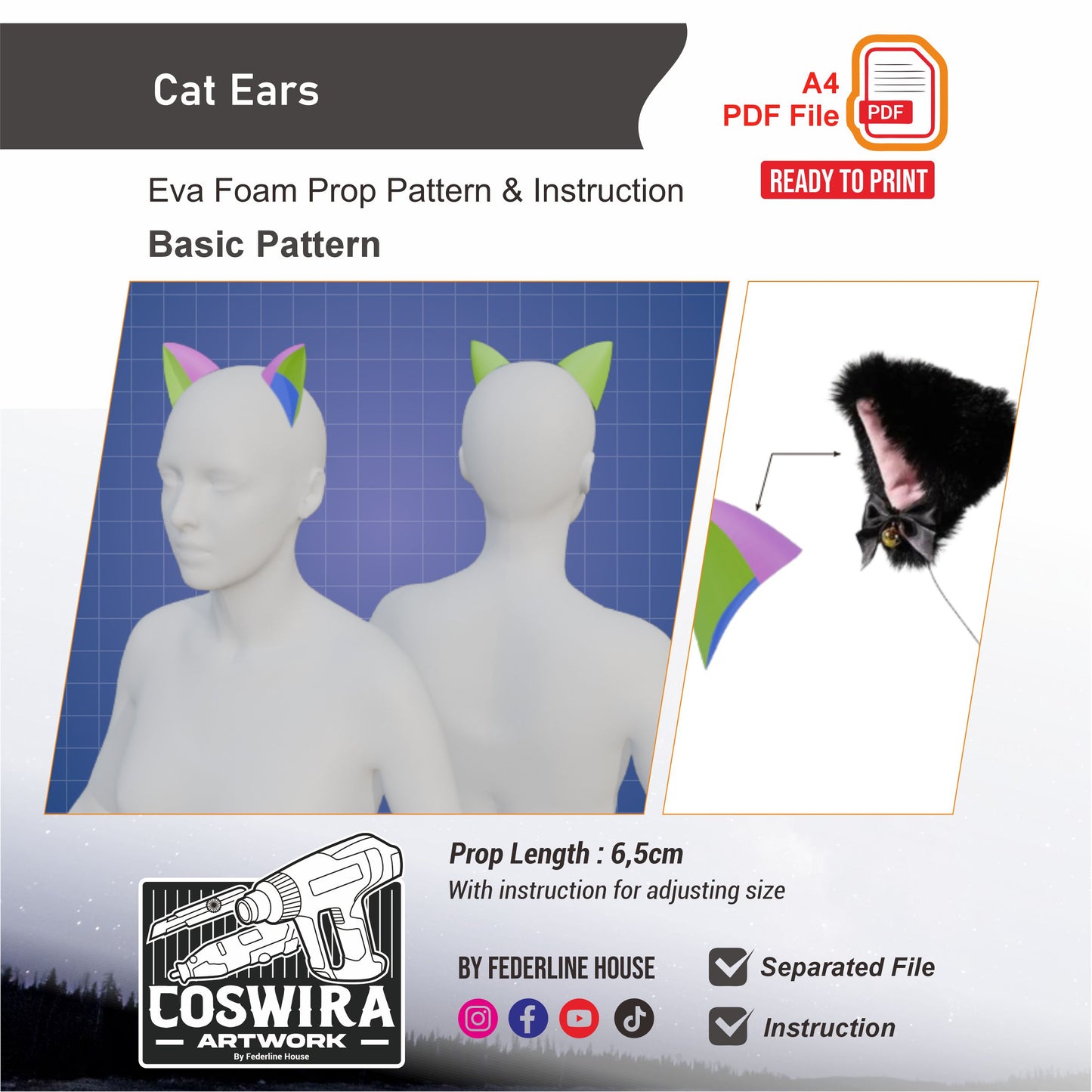 Cat Ears Prop Pattern Template – EVA Foam Pattern for Cosplay and DIY Builds Inspired by Animal Fantasy Style