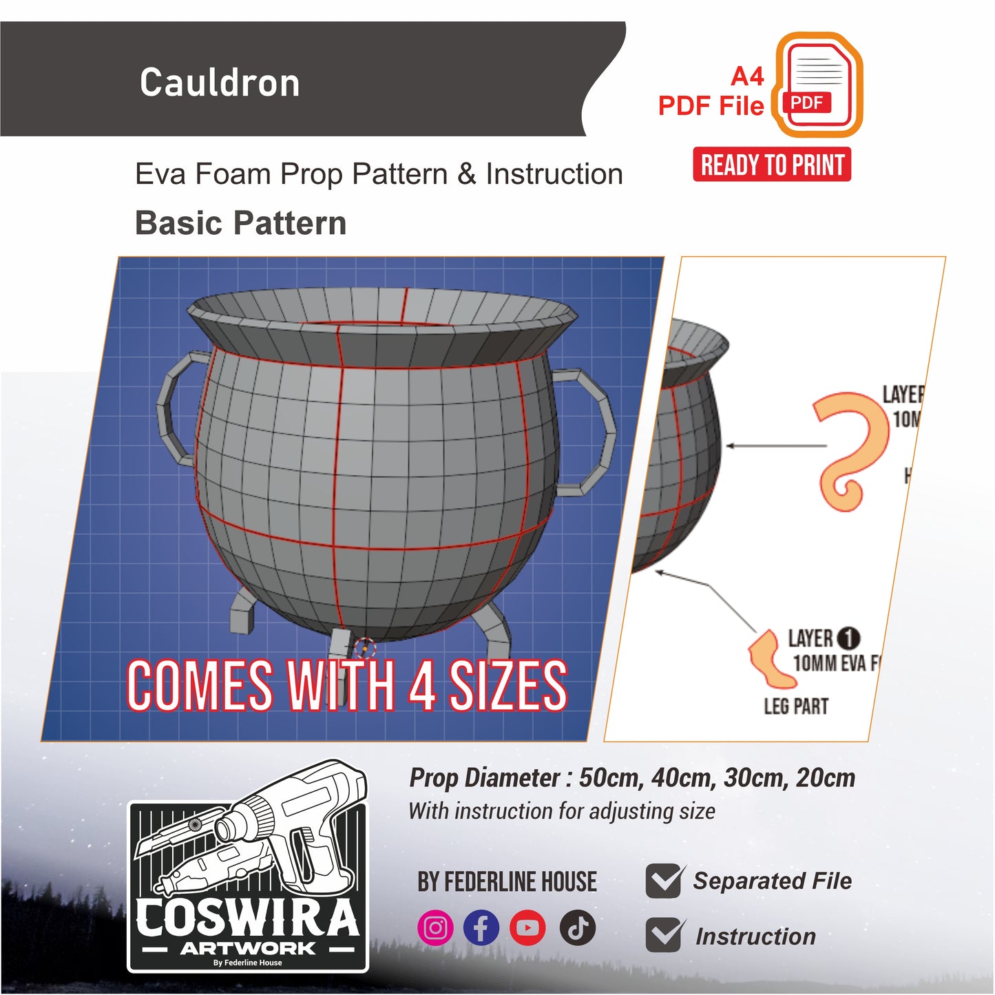 Cauldron 4 Sizes Basic Pattern Template – EVA Foam Cosplay PDF for DIY Props