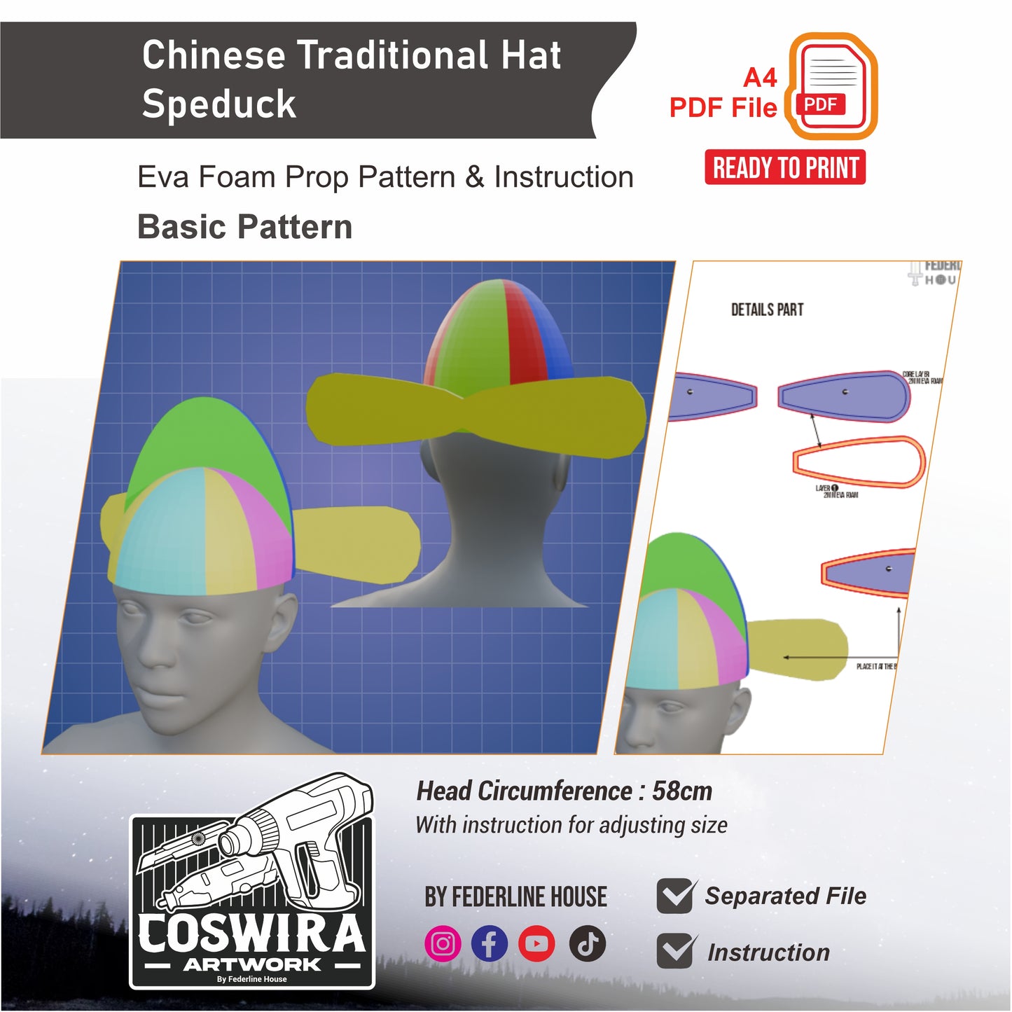 Chinese Traditional Hat Speduck Prop Pattern Template – EVA Foam Pattern for Cosplay and DIY Builds Inspired by Traditional Asian Style