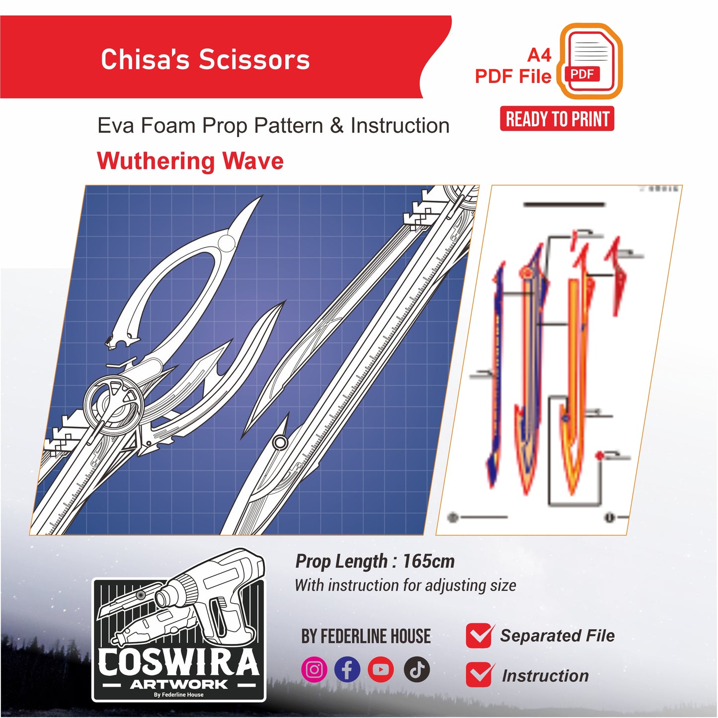 Chisa’s Scissors Prop Pattern Template – EVA Foam Pattern for Cosplay & DIY Builds Inspired by Wuthering Waves