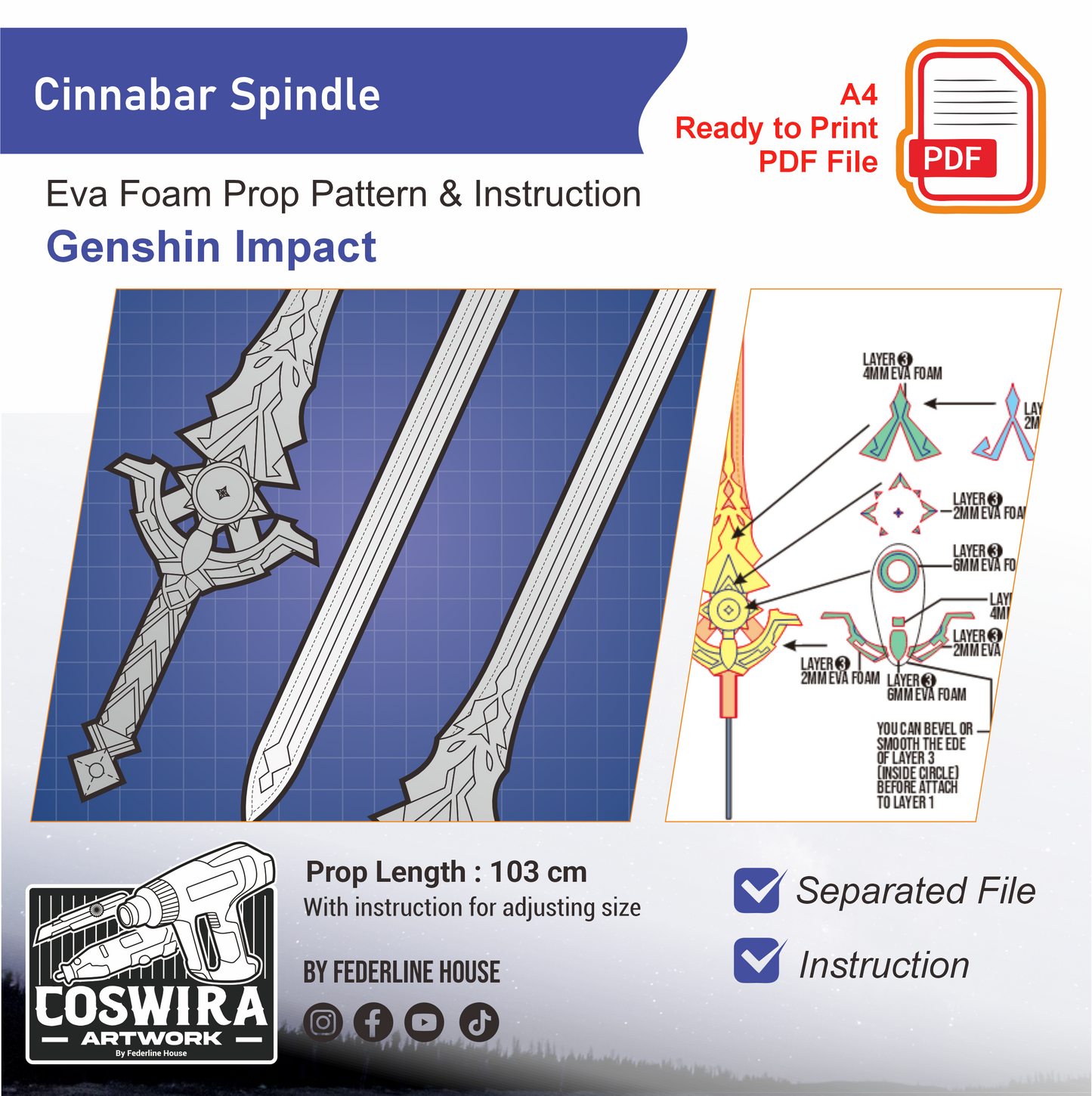 Cinnabar Spindle Prop Pattern Template – EVA Foam Pattern for Cosplay & DIY Builds Inspired by Genshin Impact