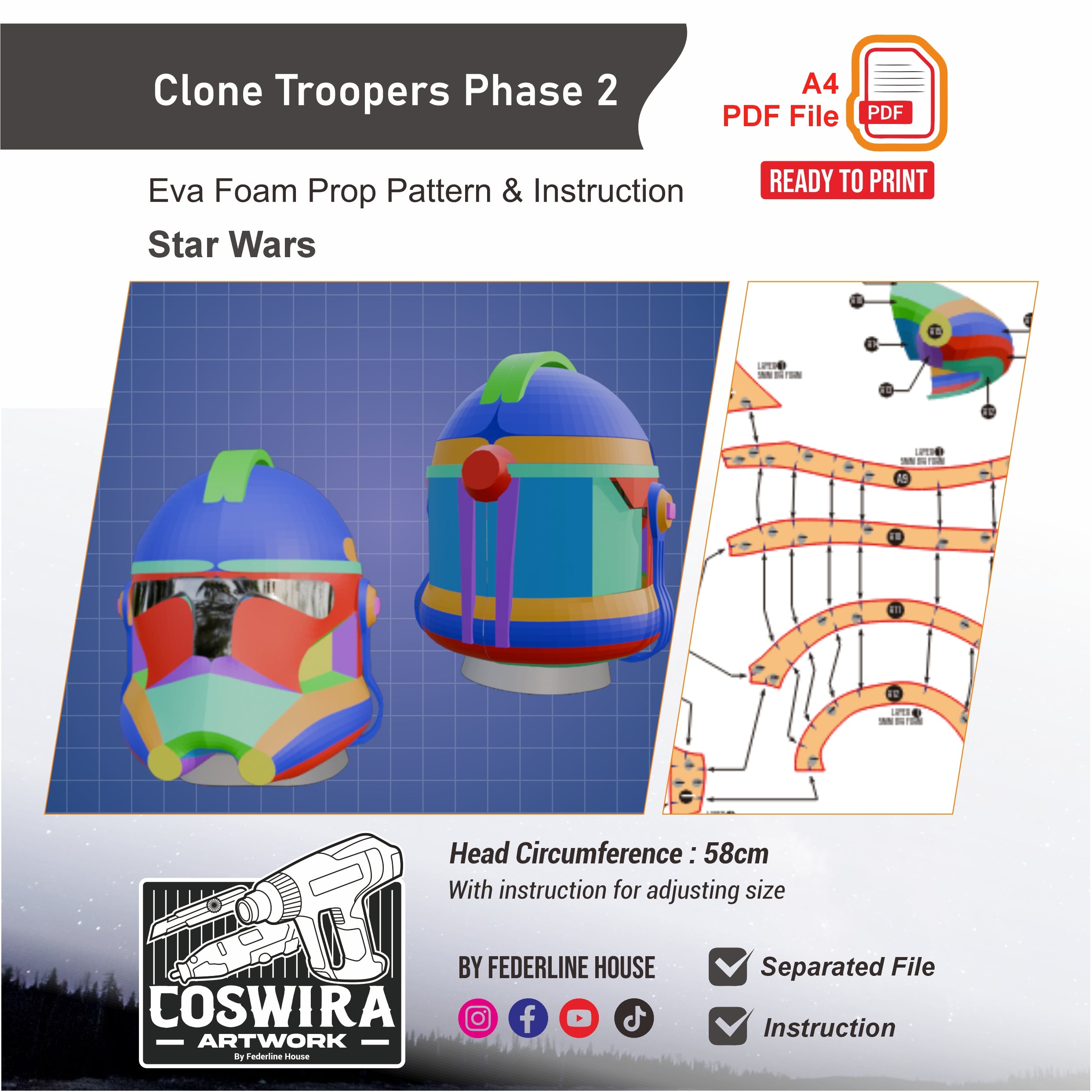 Clone Trooper Phase 2 Helmet Prop Pattern Template – EVA Foam Pattern ...