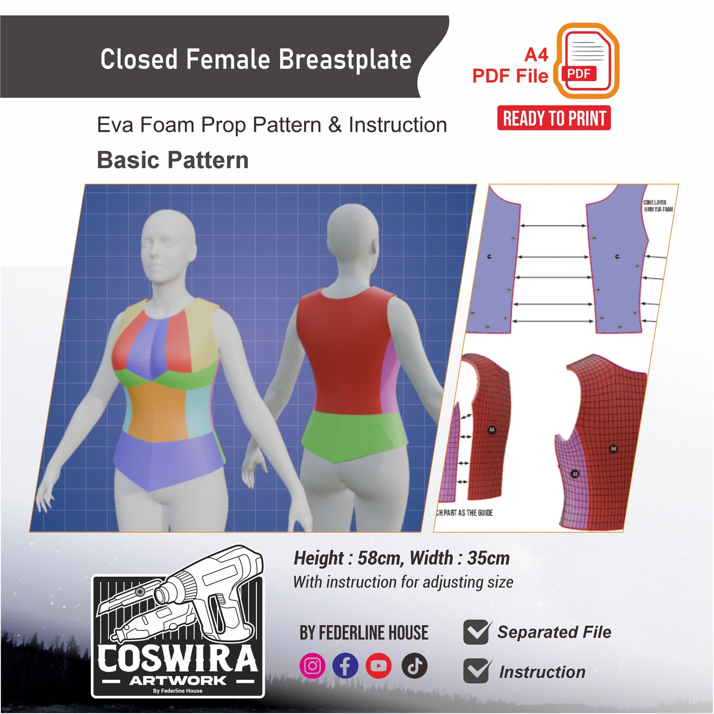 Closed Female Breastplate Prop Pattern Template – EVA Foam Pattern for Cosplay and DIY Builds Inspired by Fantasy Armor