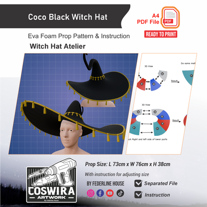Coco Black Witch Hat Prop Pattern Template – EVA Foam Pattern for Cosplay and DIY Builds Inspired by Witch Hat Atelier