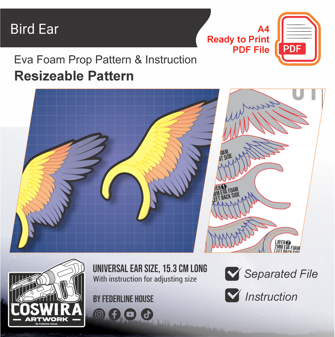 Cosplay Feathered Bird Ear Basic Pattern Template – EVA Foam Pattern f ...