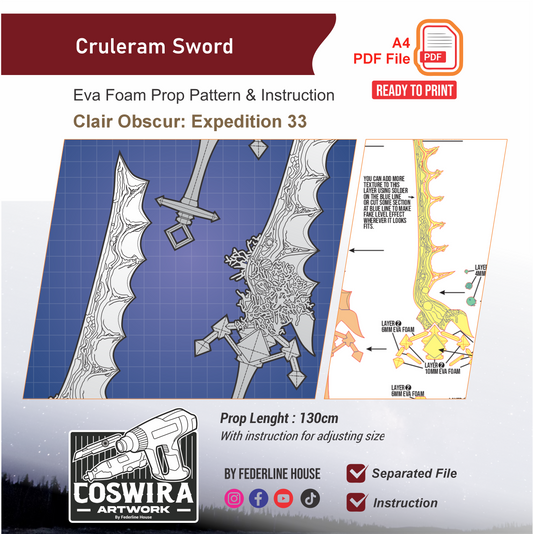 Cruleram – Gustave & Verso Sword Prop Pattern Template – EVA Foam Pattern for Cosplay & DIY Builds Inspired by Clair Obscur: Expedition 33