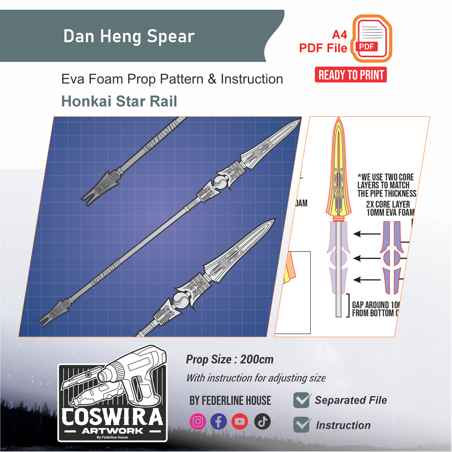Dan Heng Spear Prop Pattern Template – EVA Foam Cosplay PDF Inspired by Honkai Star Rail