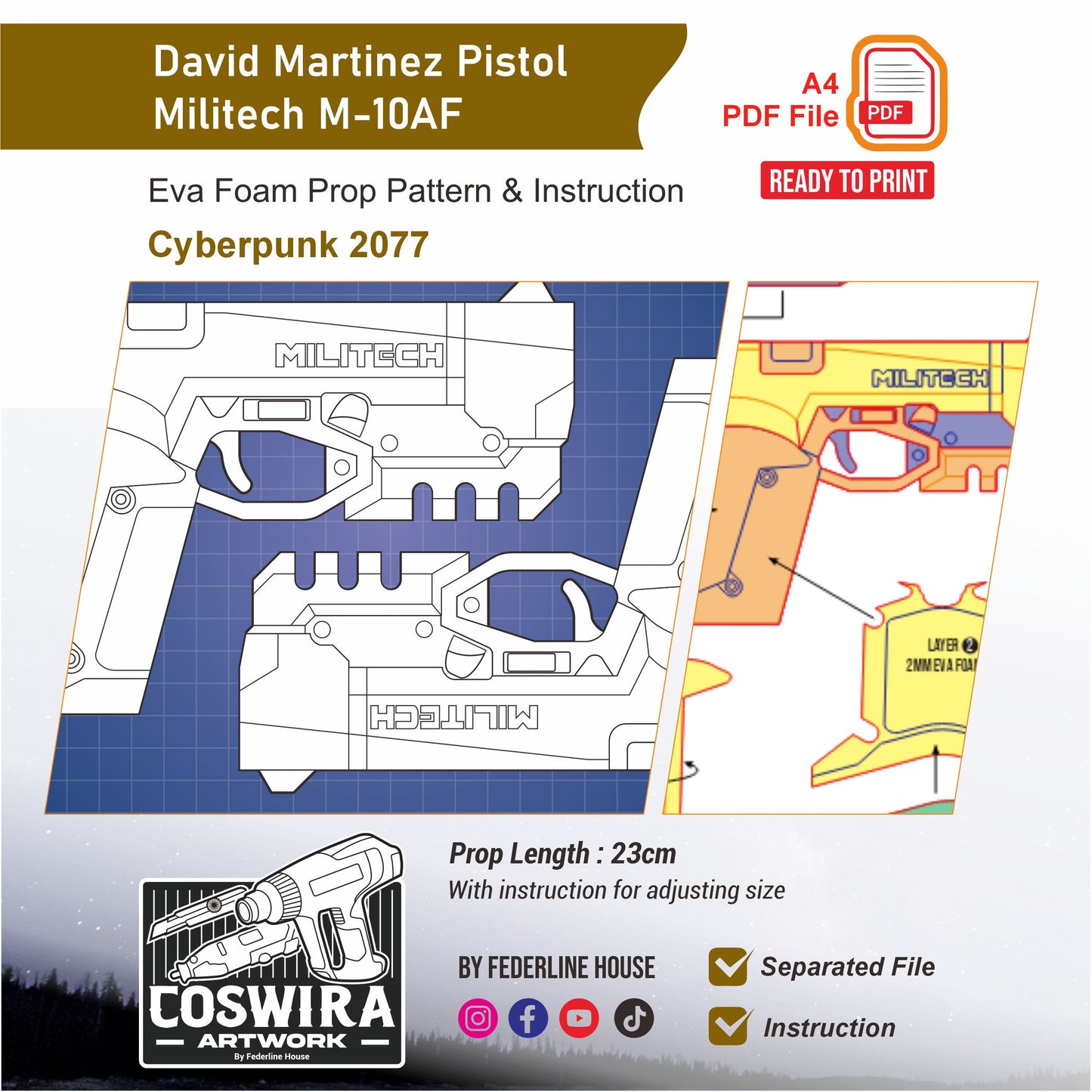 David Martinez M-10AF Lexington Pistol Prop Pattern Template – EVA Foam Pattern for Cosplay and DIY Builds Inspired by Cyberpunk 2077