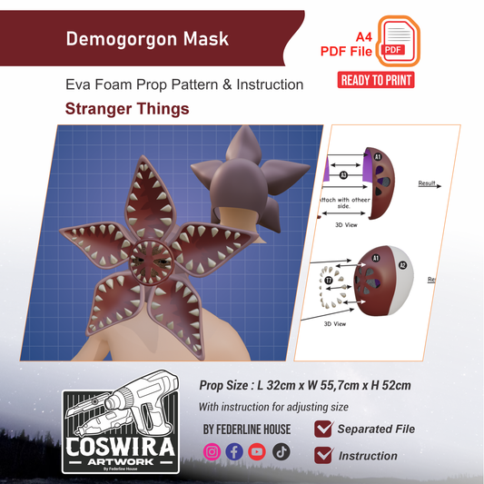 Demogorgon Mask Helmet Prop Pattern Template – EVA Foam Pattern for Cosplay and DIY Builds Inspired by Stranger Things