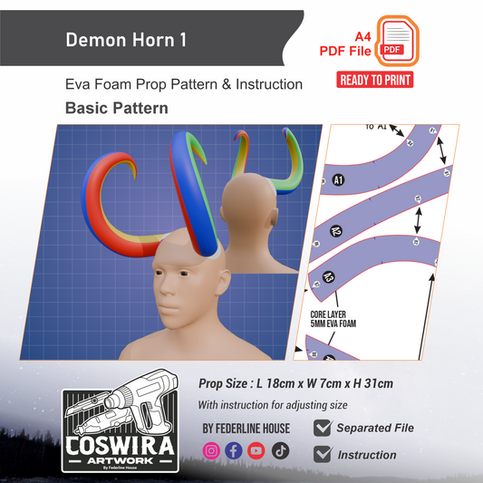 Demon Horn No.1 Prop Pattern Template – EVA Foam Pattern for Cosplay and DIY Builds Inspired by Fantasy Demon Style