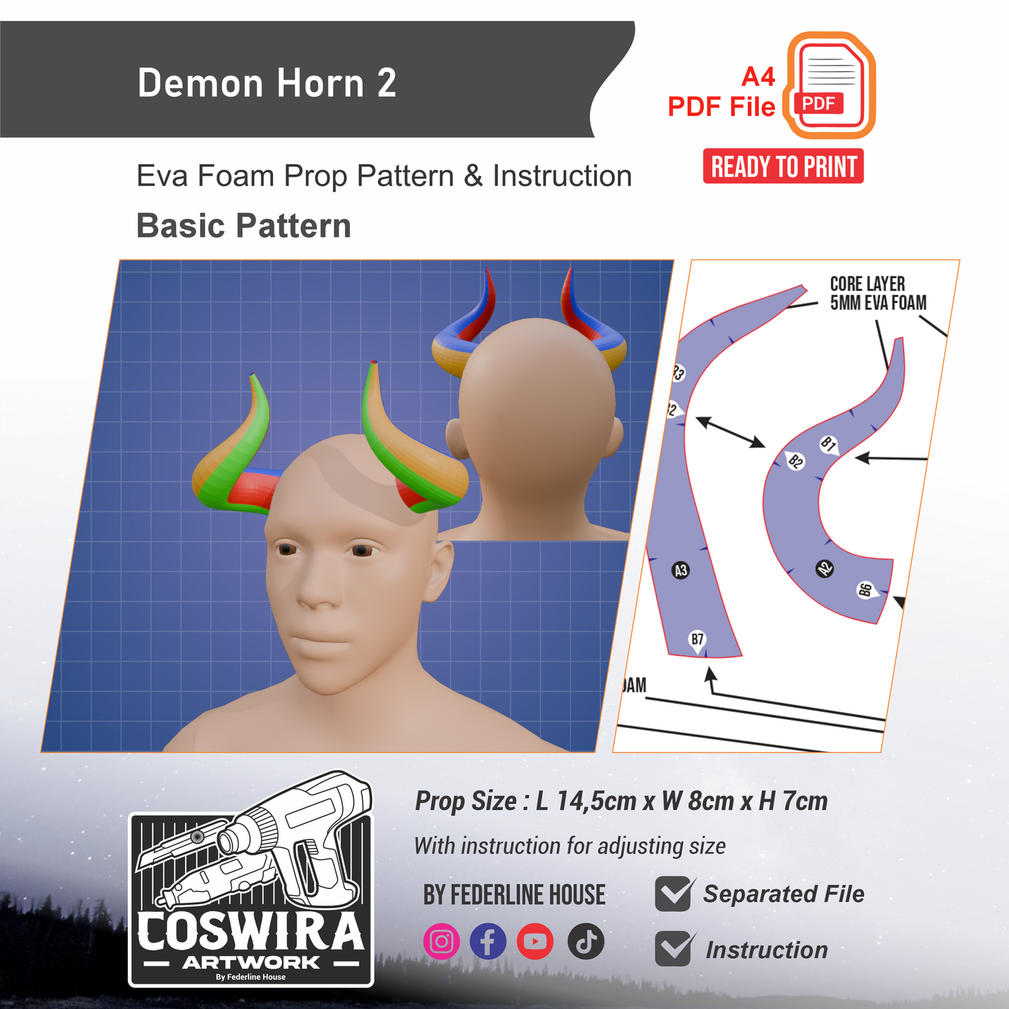 Demon Horn No.2 Prop Pattern Template – EVA Foam Pattern for Cosplay and DIY Builds Inspired by Fantasy Demon Style