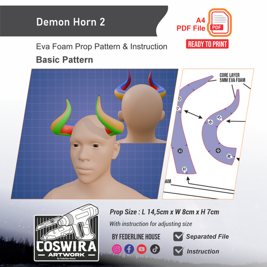 Demon Horn No.2 Prop Pattern Template – EVA Foam Pattern for Cosplay and DIY Builds Inspired by Fantasy Demon Style