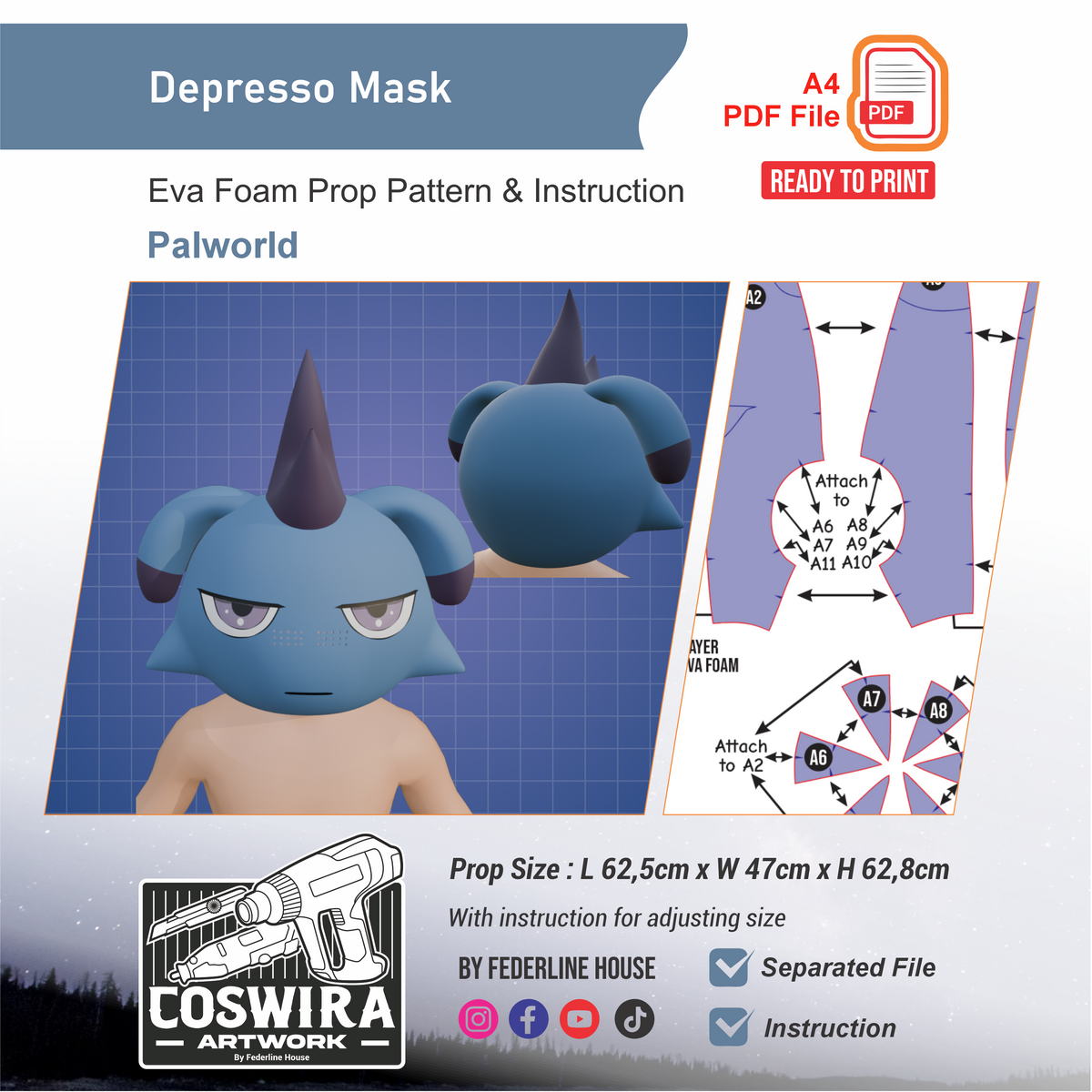 Depresso Helmet Prop Pattern Template – EVA Foam Pattern for Cosplay and DIY Builds Inspired by Palworld