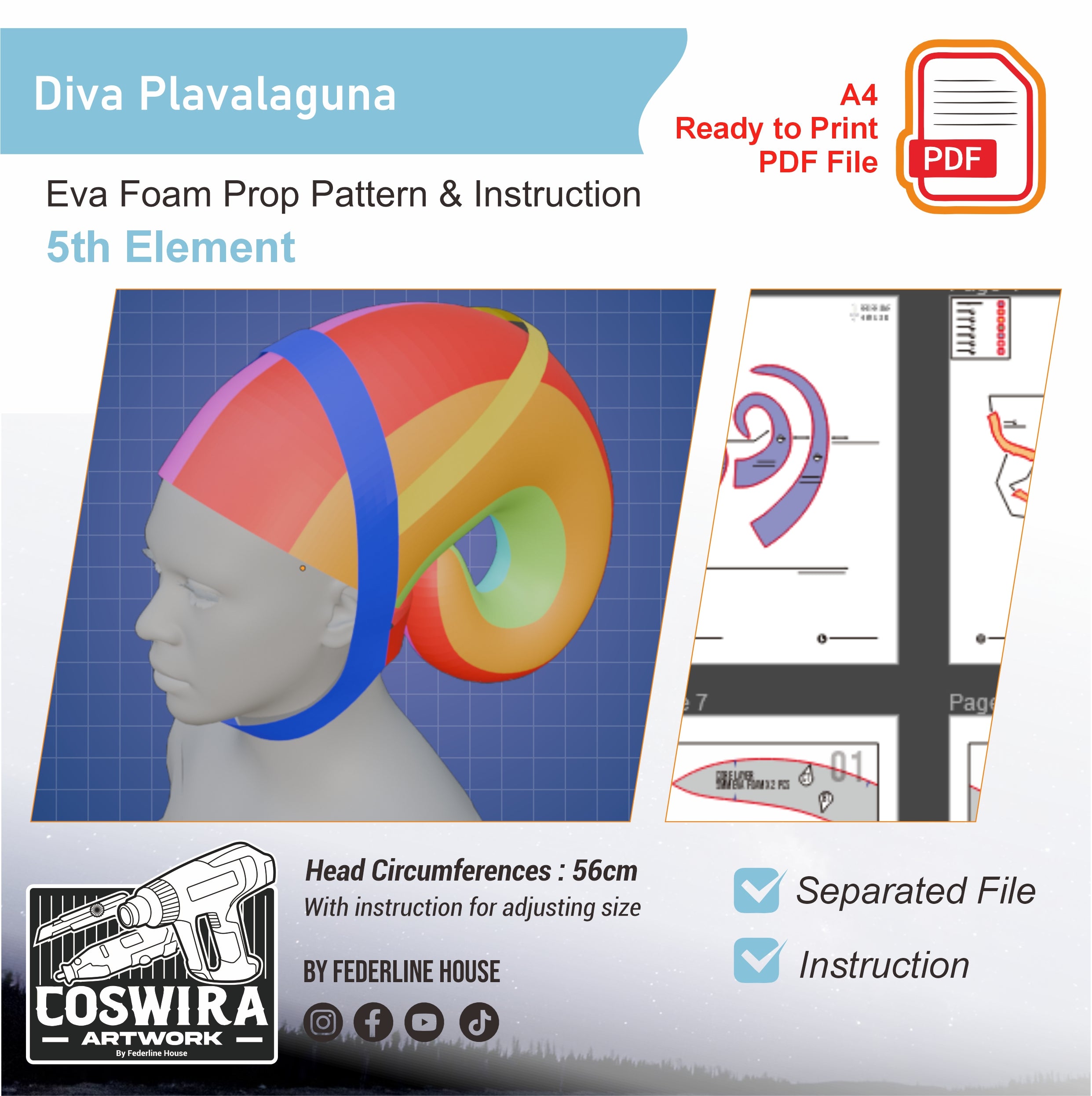 Diva Plavalaguna Headpiece Pattern Template – EVA Foam Pattern for Cos ...