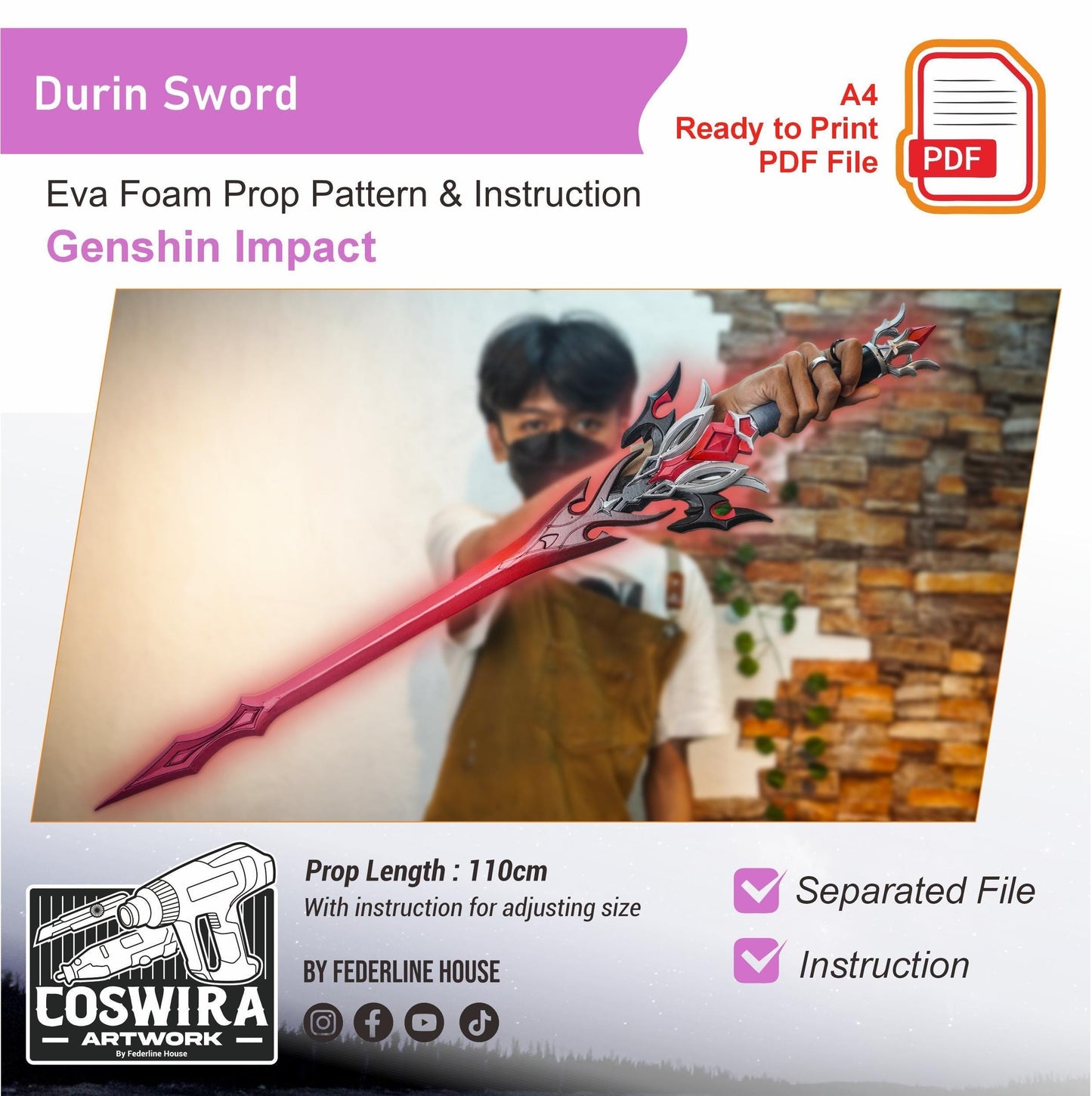 Durin Sword Prop Pattern Template – EVA Foam Pattern for Cosplay & DIY Builds Inspired by Genshin Impact