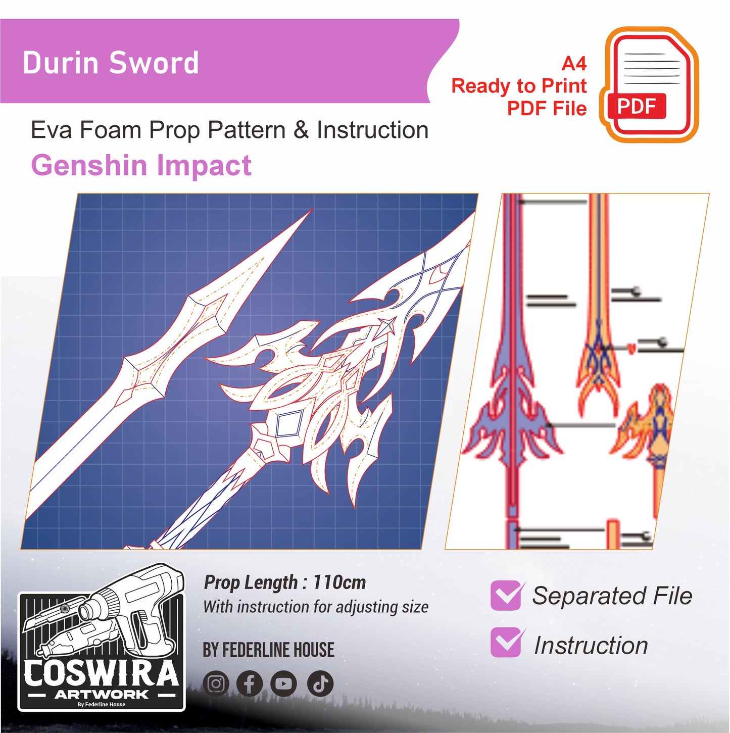 Durin Sword Prop Pattern Template – EVA Foam Pattern for Cosplay & DIY Builds Inspired by Genshin Impact