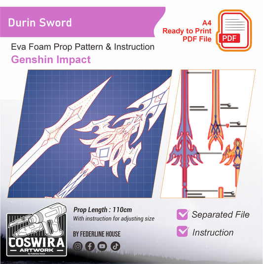 Durin Sword Prop Pattern Template – EVA Foam Pattern for Cosplay & DIY Builds Inspired by Genshin Impact